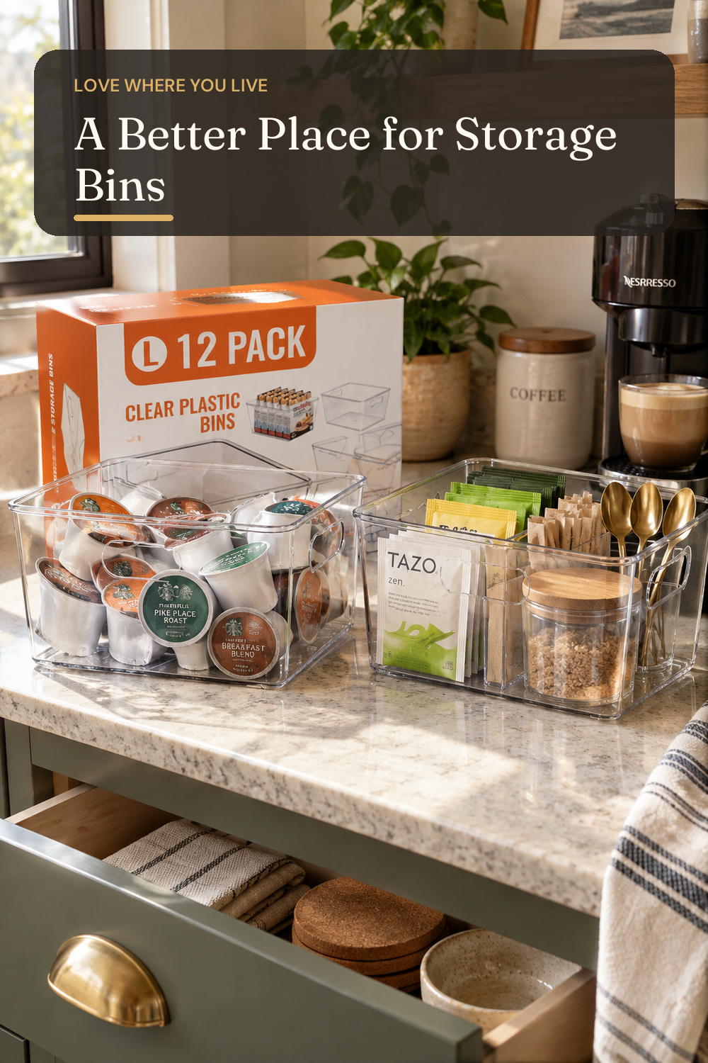 12 Pack LARGE Multi-Use Clear Storage Bins, Pantry Kitchen Organizer Bins; styling inspiration