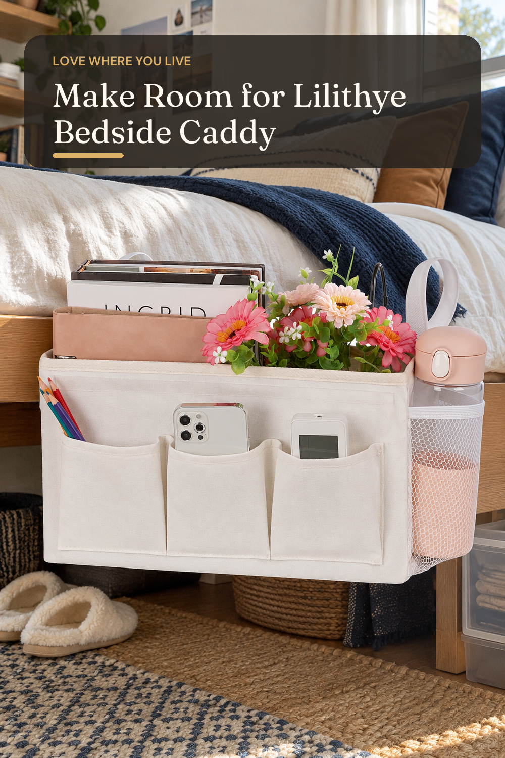 Lilithye Bedside Caddy, Bedside Storage Bag Hanging Organizer for Bunk Bed; styling inspiration