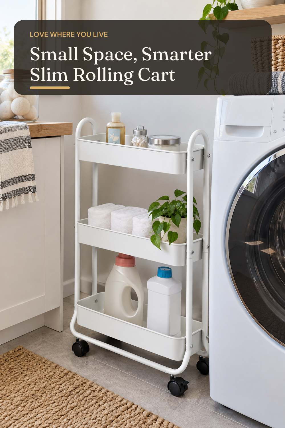 SunnyPoint Slim Rolling Storage Cart, 3 Tier Bathroom Storage Organizer Bathroom, Laundry Utility Cart (White); styling inspiration