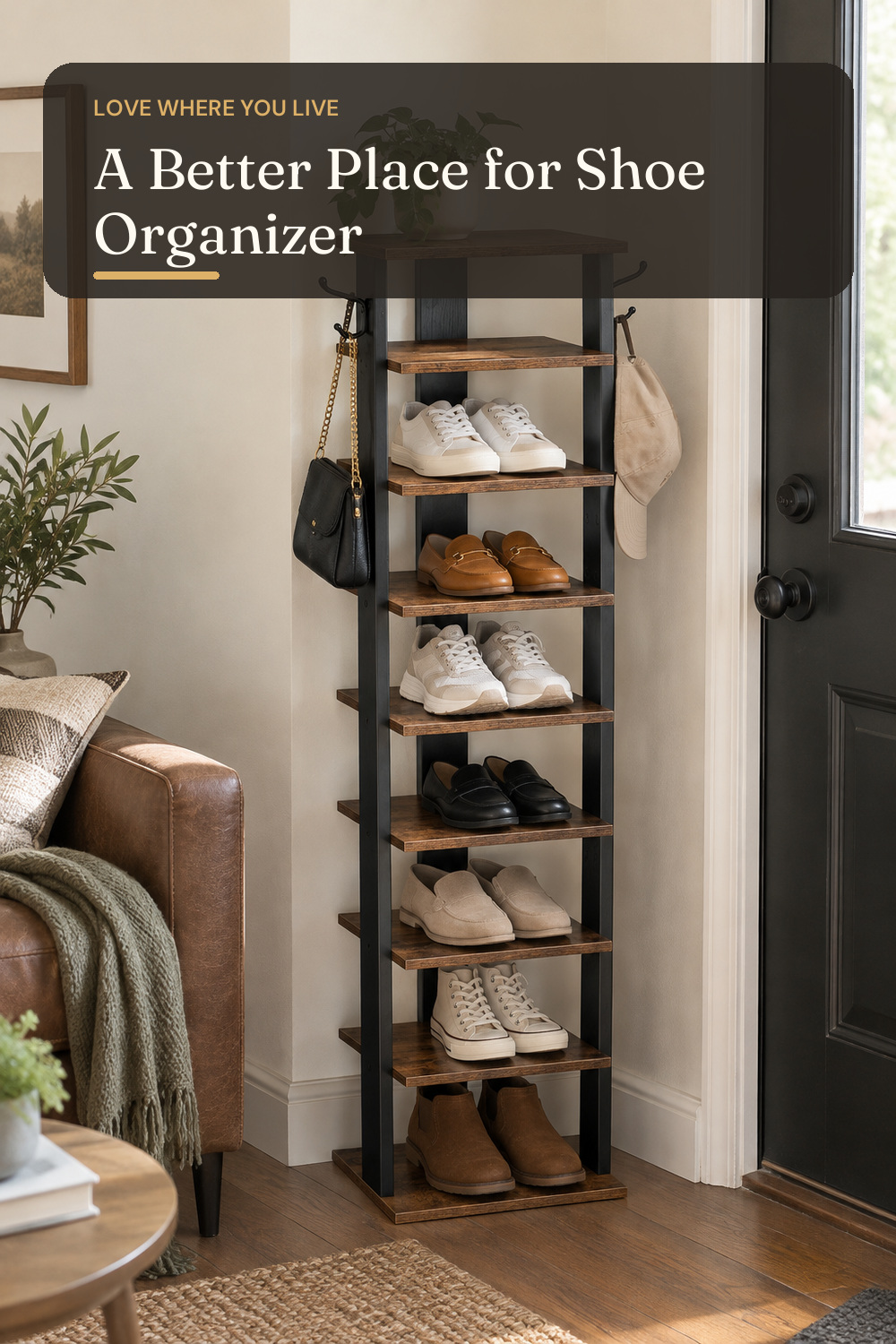 HOOBRO 8 Tiers Vertical Shoe Rack, Wooden Shoe Storage Organizer with Hooks, Narrow Shoe Tower for 8 Pairs, Space Saving, for Entryway, Living Room, Bedroom, Rustic Brown BF07XJ01G1; styling inspiration