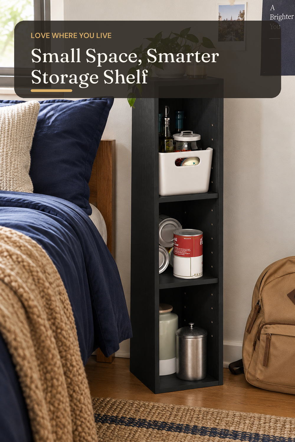 Furinno Fulda Book Shelf, 3-Tier Narrow Bookshelf, Bookcase with 8-in Width Storage Shelf, 9.3 x 7.9 x 31.5, for Living Room, Bedroom, Home Office, Blackwood; styling inspiration