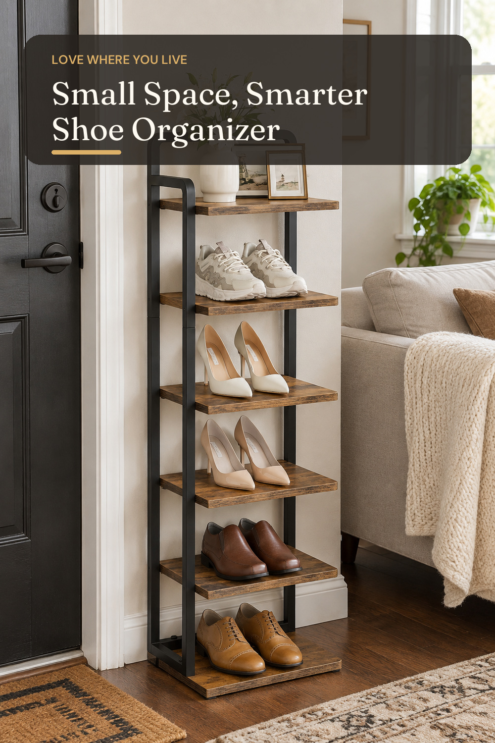 CHOEZON 6-Tier Vertical Shoe Rack, Narrow Shoe Tower, Corner Shoe Storage Organizer, Shoe Shelf, for Small Spaces, Industrial Style, for Entryway, Hallway, Living Room, Rustic Brown and Black TXJ06BF; styling inspiration