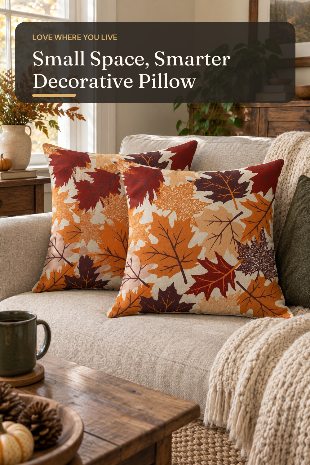 Fall Pillow Covers 18X18 Set of 2, Maple Leaf Autumn Colored Burnt Orange Leaves Harvest Thanksgiving Throw Pillowcases Holiday Theme Seasonal Outdoor Farmhouse Cushion Cases Couch Sofa Bed Decor; styling inspiration