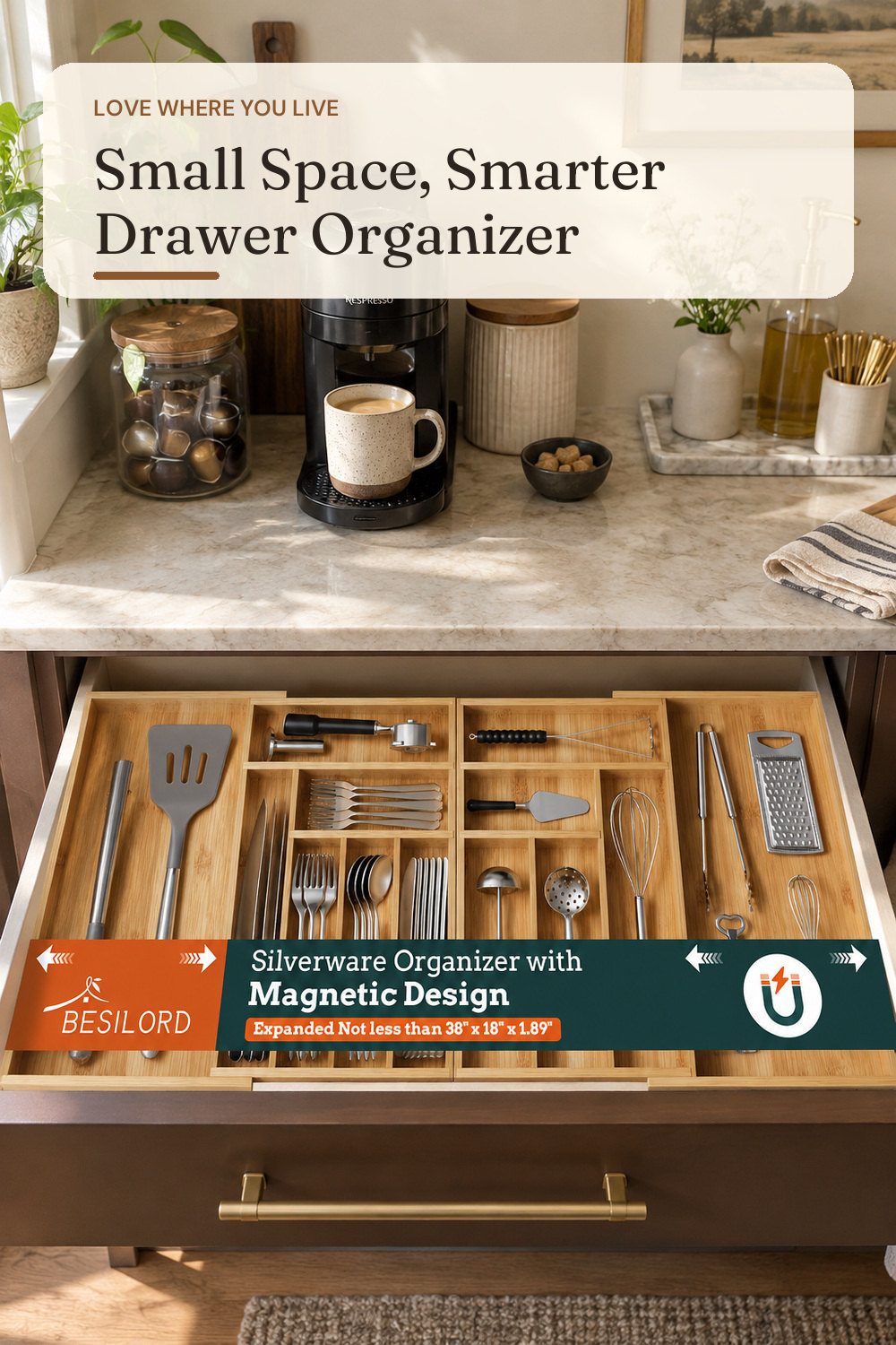 Silverware Organizer Large, Magnetic Connected Expandable 13 Slots Silverware Drawer Organizer From 21 to 37.4 Inches, Adjustable Flatware and Cutlery Holder, Bamboo Utensil Tray for Kitchen Natural; styling inspiration