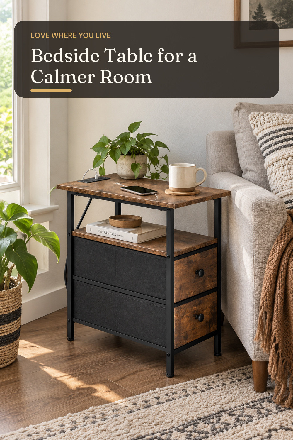 HOOBRO End Table with Charging Station, Narrow Side Table, Nightstand with 2 Non-Woven Drawers, Slim Sofa Side Table, for Small Spaces, Living Room, Bedroom, Rustic Brown and Black BF486UBZ01; styling inspiration