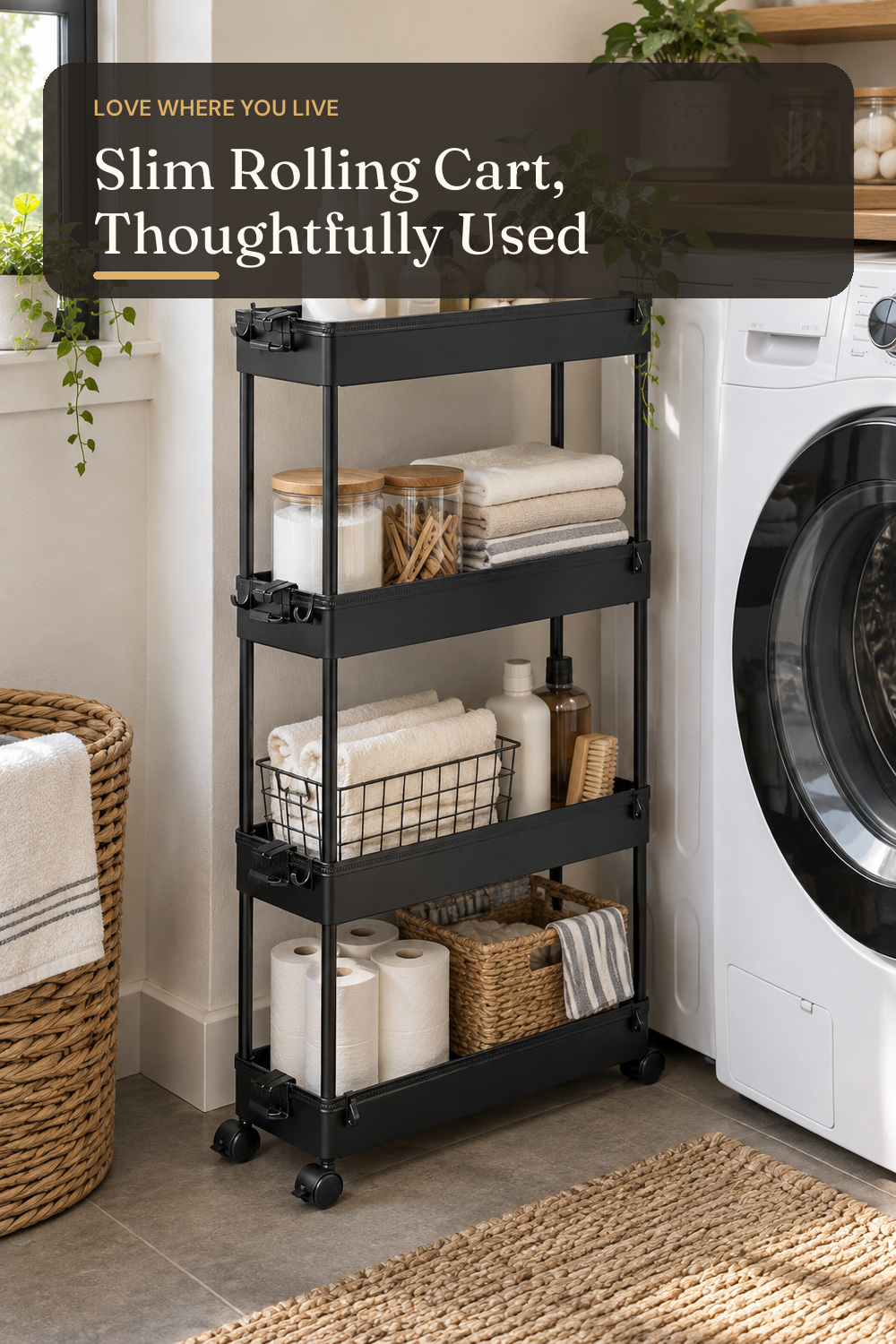 SPACEKEEPER Slim Rolling Storage Cart, 4 Tier Bathroom Cart Organizer,Black; styling inspiration