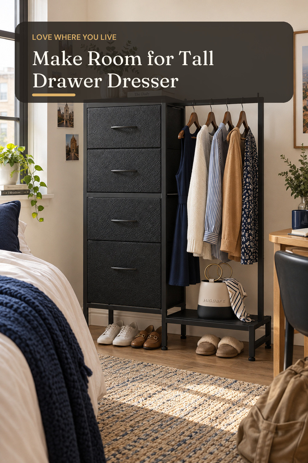 HIGDBFE Tall Dresser 44''H with Hanging Rack, 4 Drawers Small Closet Dresser for Bedroom, Reversible Fabric Chest of Drawers with Clothes Rack, Tall Storage Tower, Sturdy Frame, Black; styling inspiration