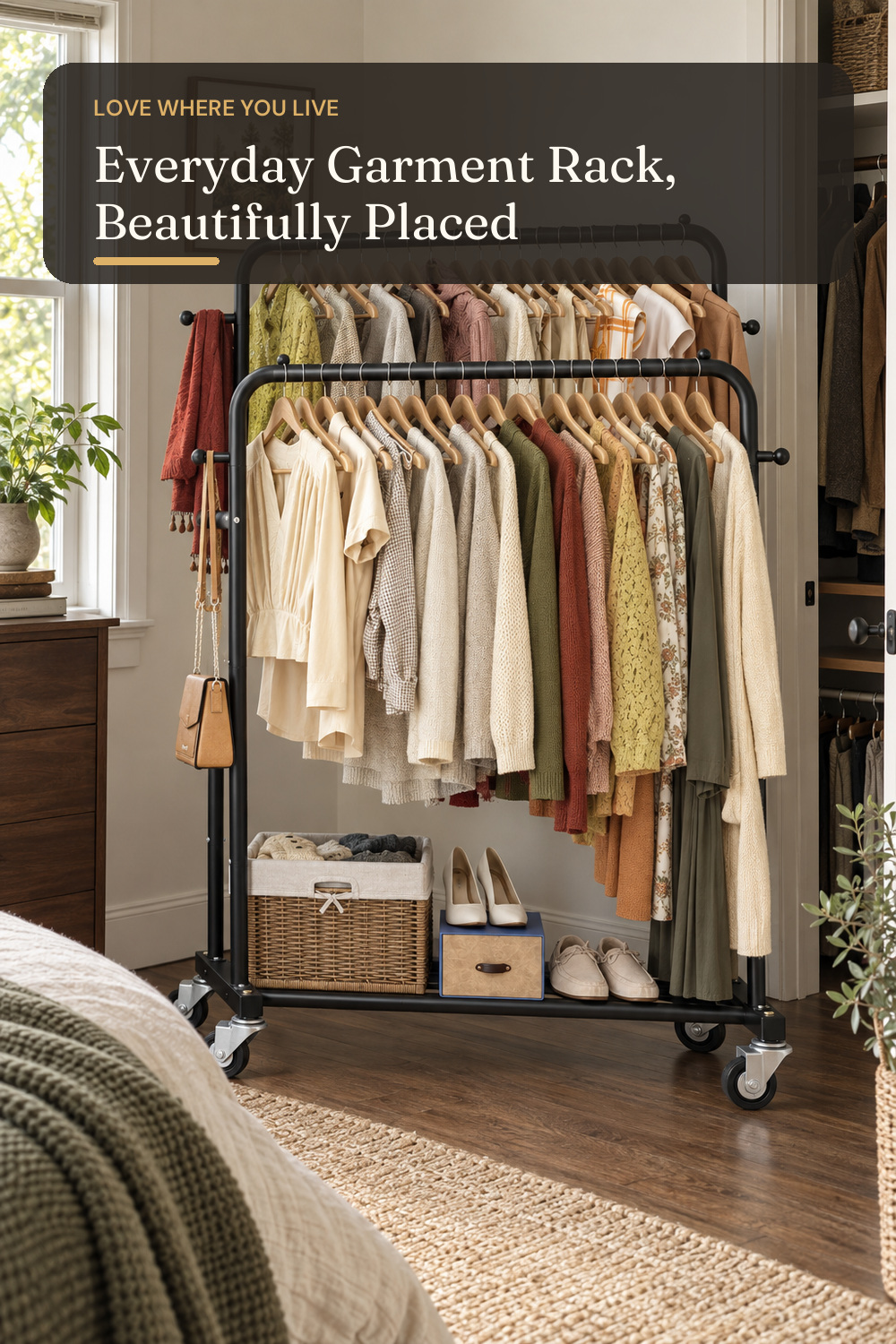 Laiensia Double Rods Garment Rack with Wheels, Clothing Rack for Hanging Clothes,4 Hooks, Multi-functional Bedroom Clothes Rack, Black; styling inspiration