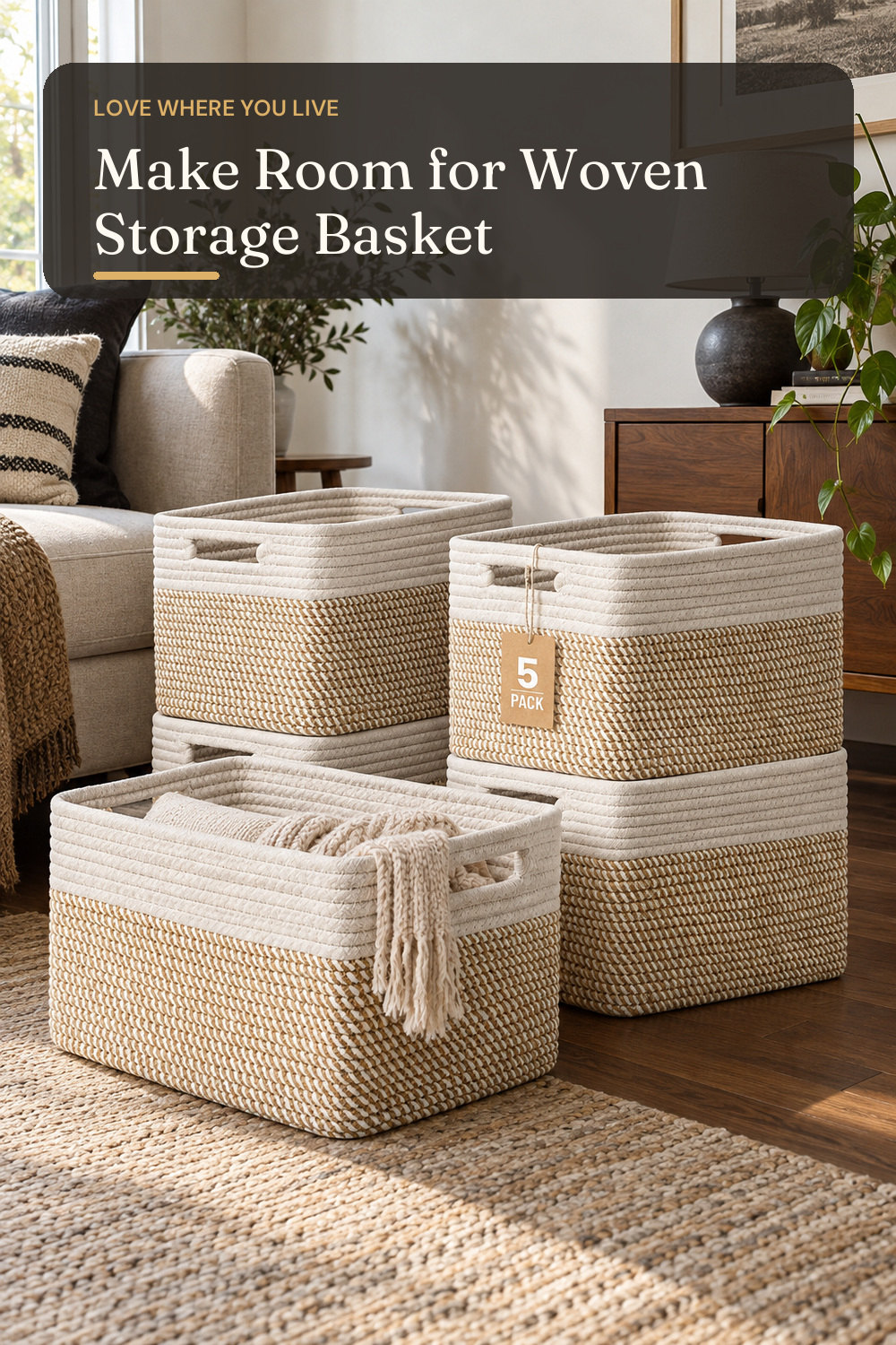 5 Pack Woven Storage Baskets, Decorative Storage Bins for Organizing; styling inspiration