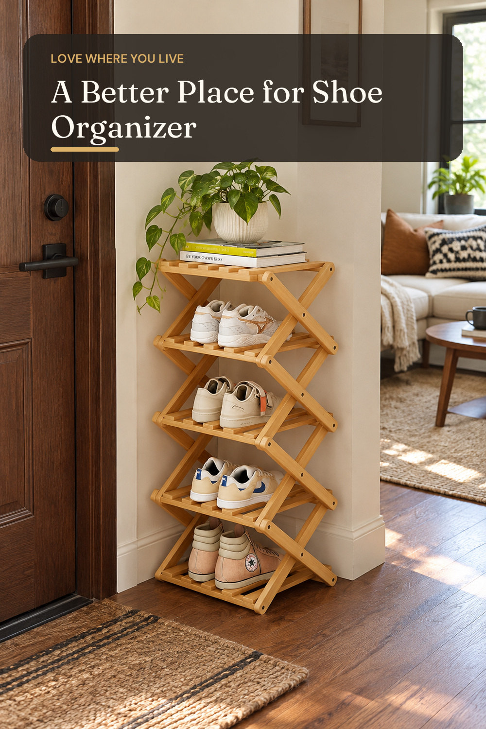 5 Tier Foldable Shoe Rack, Bamboo Vertical Shoe Organizer Tall for Multifunctional Narrow Shoe Shelf for Entryway, Closet, Corner, Bedroom, Hallway(Natural); styling inspiration