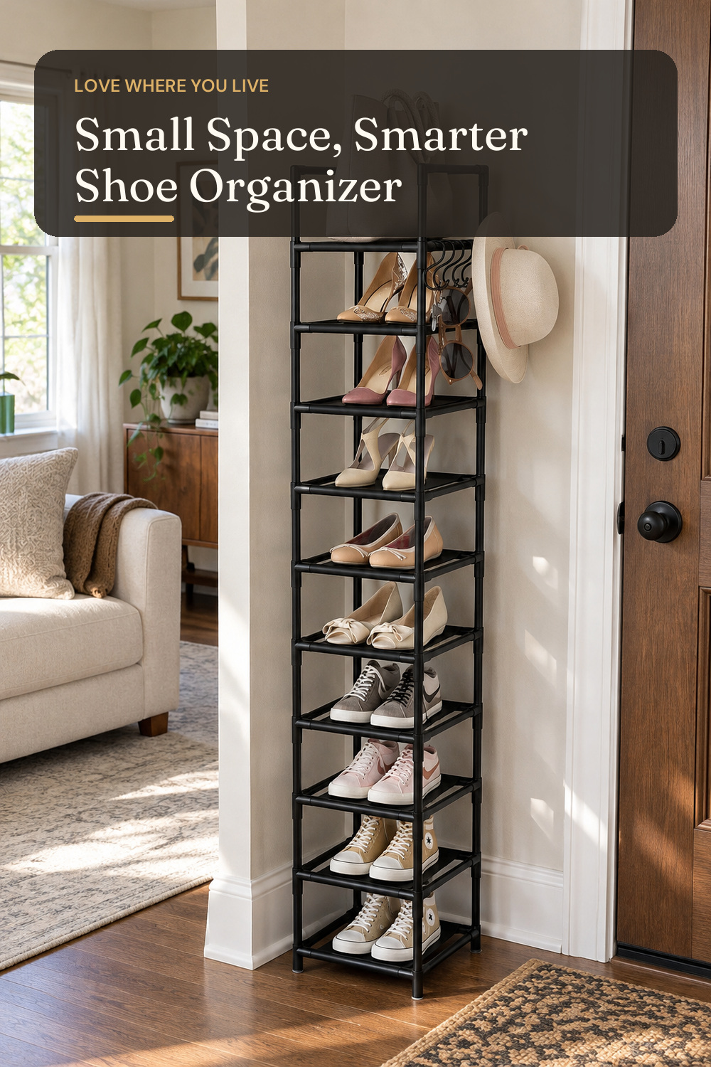 LANTEFUL Tall Narrow Shoe Rack for Entryway, 10-Tier Sturdy Metal Shoe Shelf Storage 10-15 Pairs of Shoes and Boots, Space Saving Corner Shoe Rack Organizer for Closet,Doorway,Garage,Living Room; styling inspiration