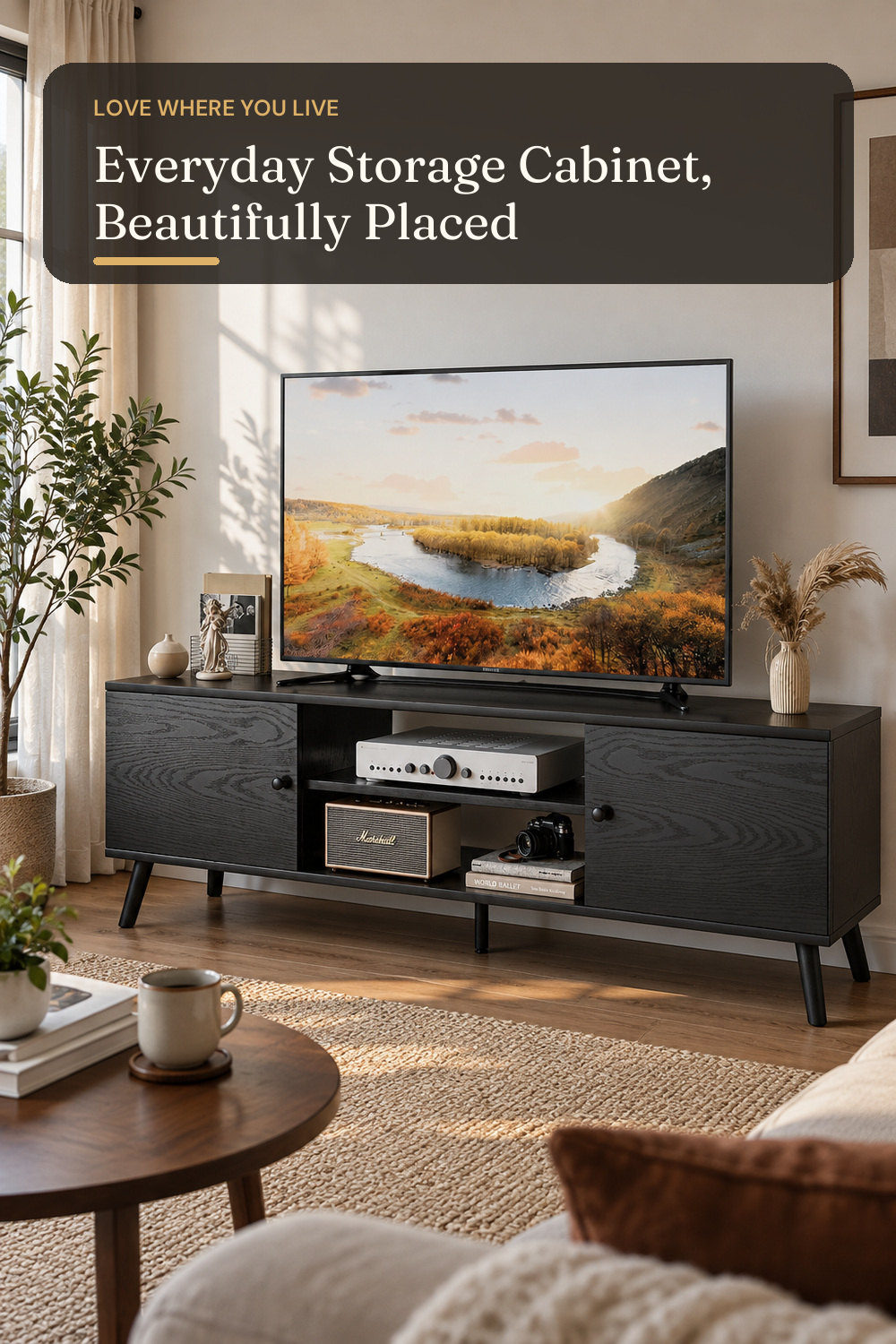 TV Stand for 55 60 inch TV, Modern Mid Century Entertainment Center with Storage, Wooden Media Console Table with 2 Cabinets for Living Room Bedroom, Black; styling inspiration
