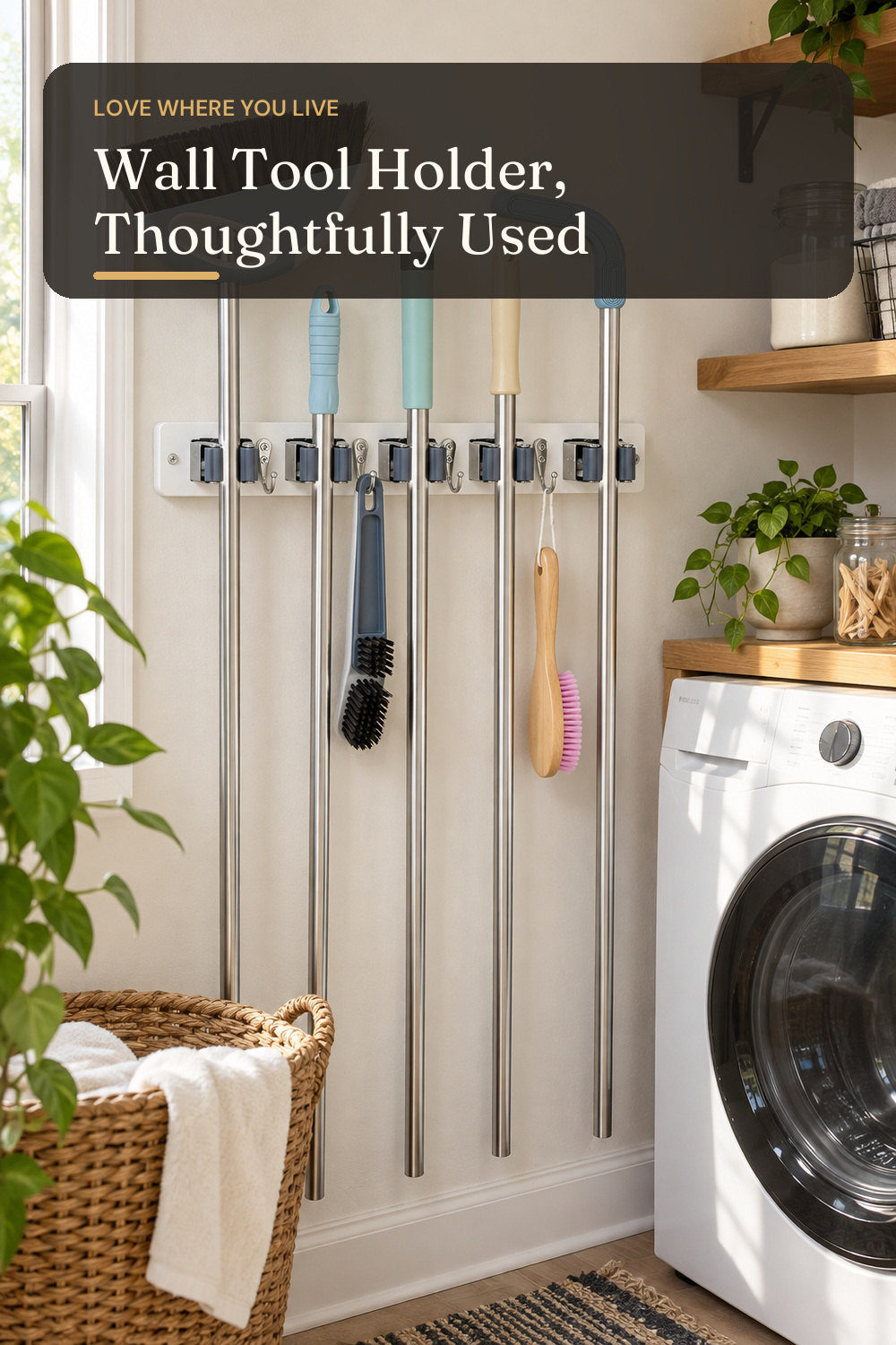 White Broom Holder Wall Mount - Heavy Duty Wood Mop and Broom Organizer with 5 Slots & 4 Hooks - Garden Tool Hanger for Laundry Room Closet Kitchen Garage Storage and Organization - Modern Home Decor; styling inspiration