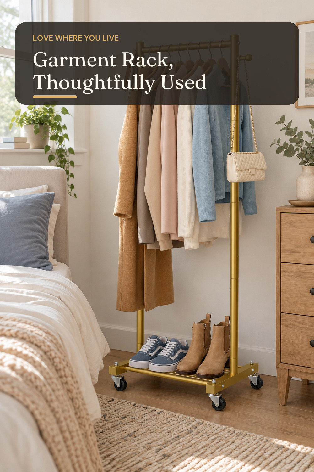 SLEEPING LAMB Small Clothes Racks for Hanging Clothes, Rolling Clothing Rack with Shelves, 60" Metal Garment Rack with Wheels Portable Wardrobe Rack for Small Space, Gold; styling inspiration
