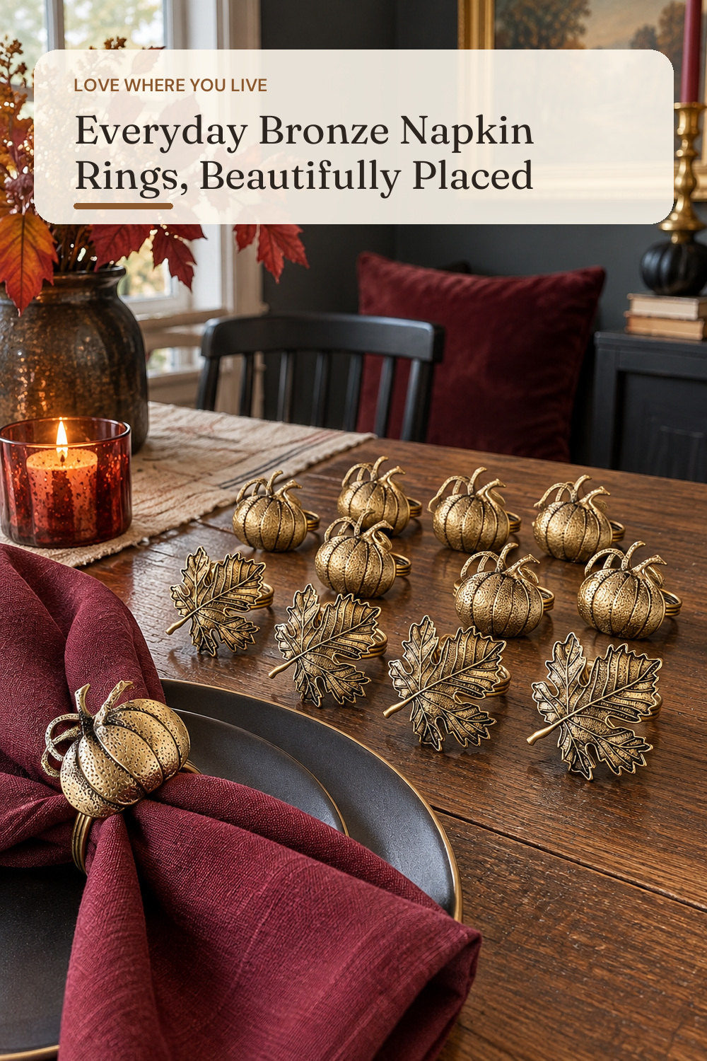 Patelai 12 Pcs Bronze Fall Napkin Ring Set Maple Leaf Pumpkin Napkin Holder; styling inspiration