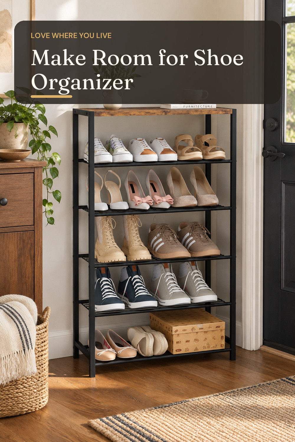HOMEFORT Shoe Rack 6-Tier, Shoe Storage Shelf, Industrial Shoe Tower, Narrow Shoe Organizer for Closet Entryway, Small Shoe Rack Table with Durable Metal Shelves, Rustic Brown; styling inspiration