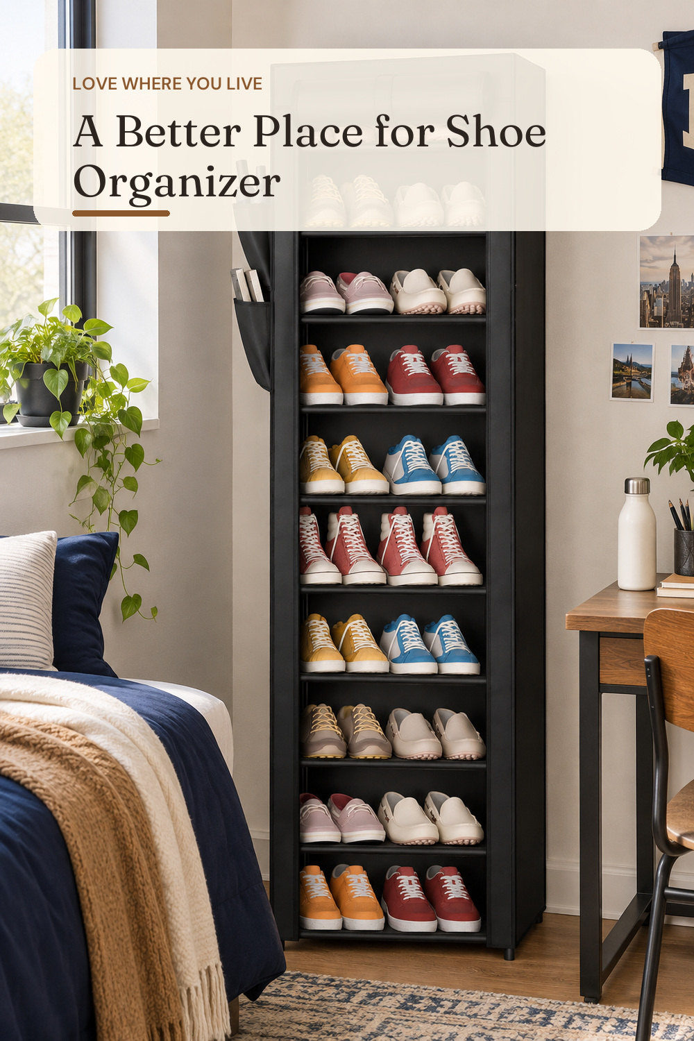 Kitsure 10-Tier Shoe Rack with Cover, Vertical Shelf, 17.5" Wide, Black; styling inspiration