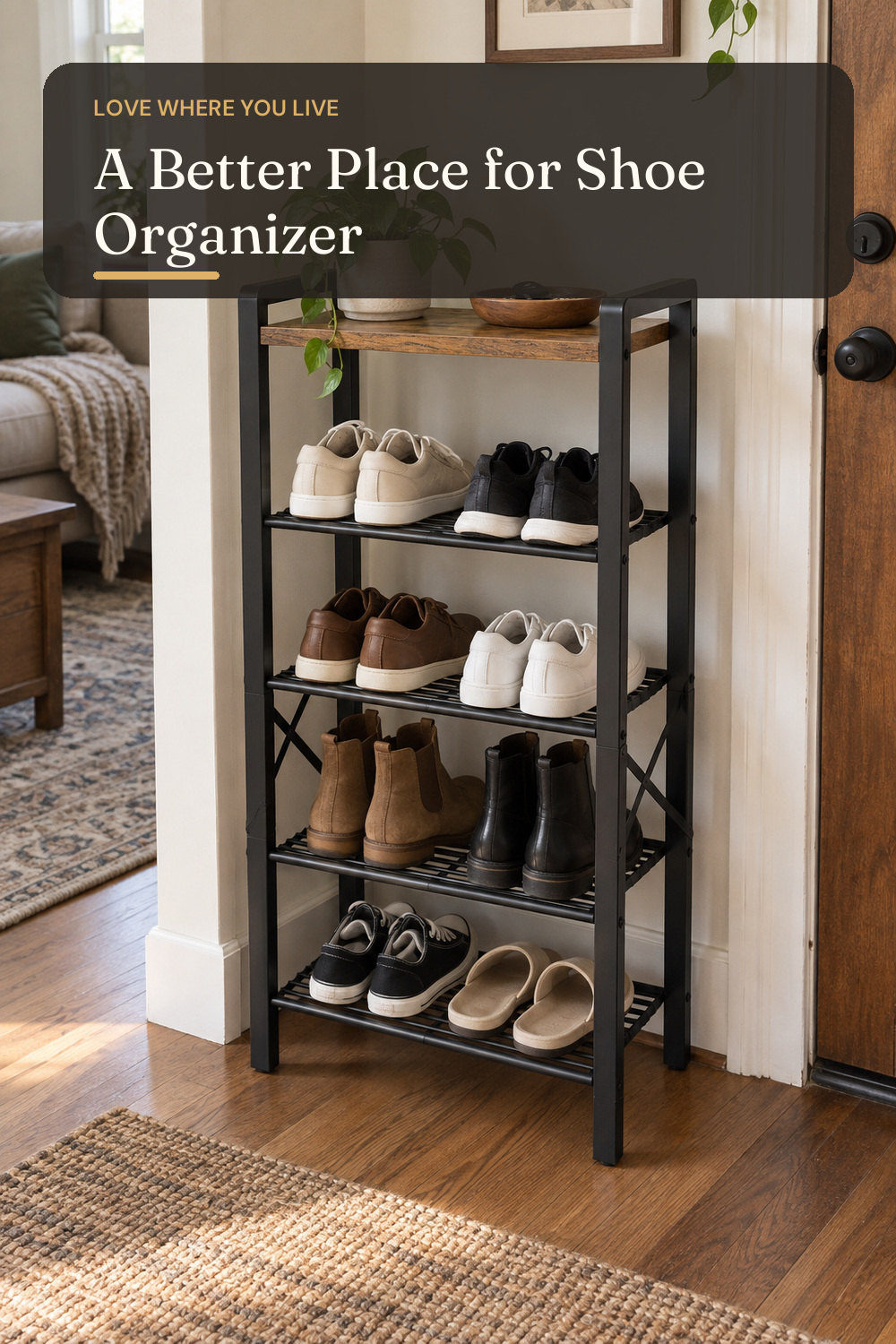 YATINEY 5-Tier Narrow Shoe Rack, Tall Shoe Rack for 5-10 Pairs, Slim Shoe Storage Organizer with Wooden Top, Space Saving, Metal Frame, for Entryway, Rustic Brown and Black SS65BR; styling inspiration