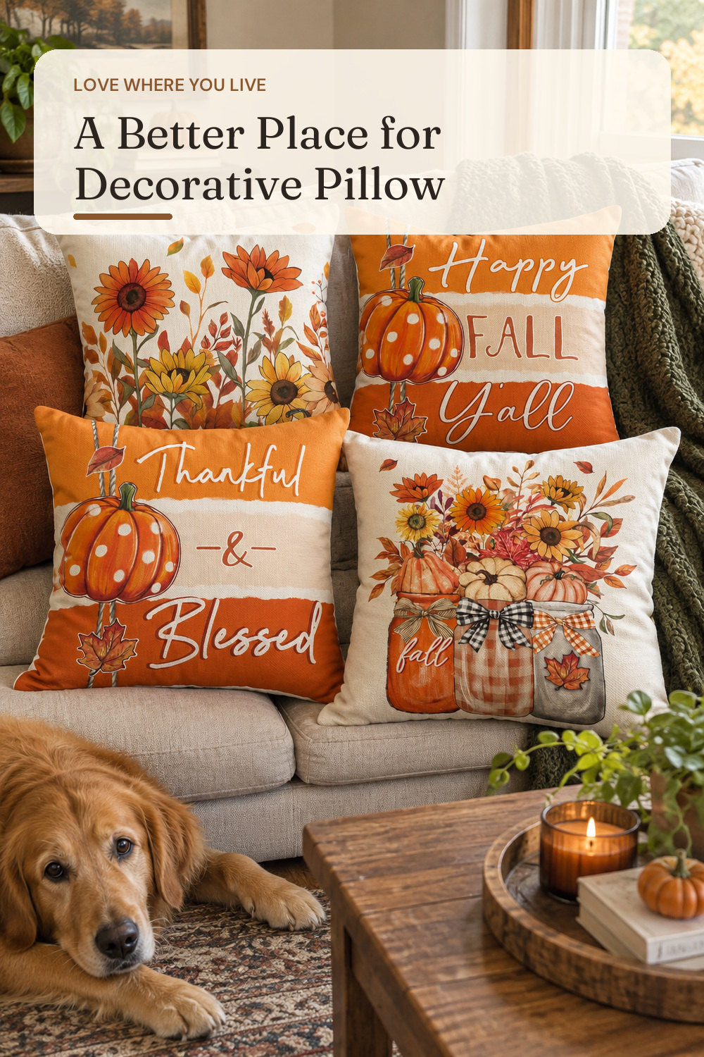 AVOIN colorlife Happy Fall Pumpkin Floral Pillow Covers 18x18 Inch Set of 4; styling inspiration