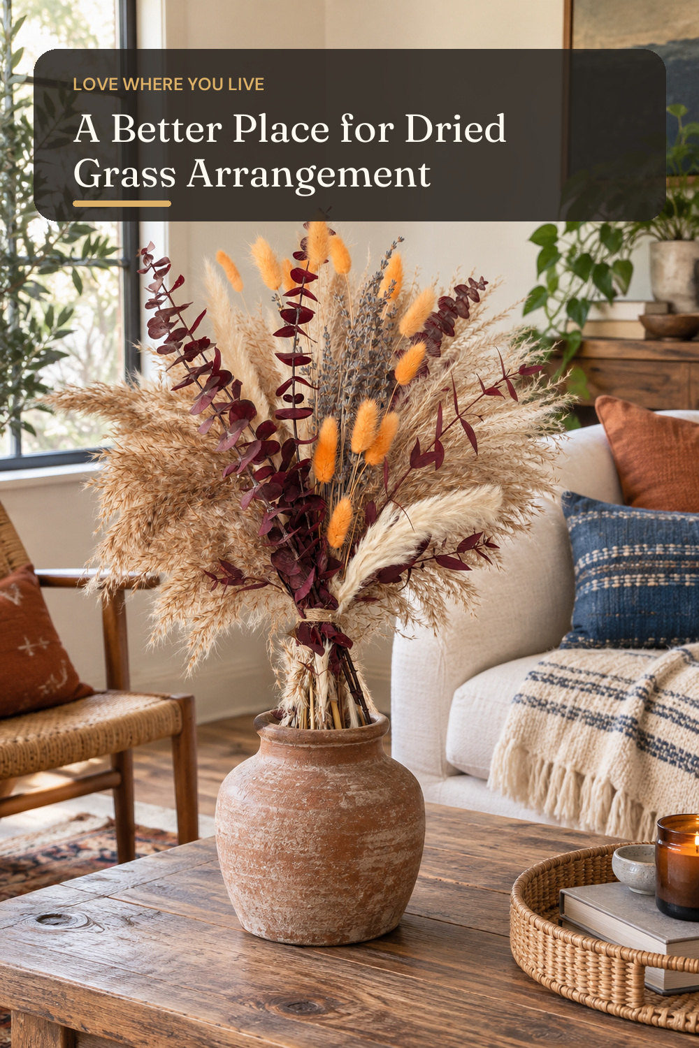 Fall Dried Flower Bouquet with Pampas Grass, Orange Bunny Tails, Lavender & Red Eucalyptus –Boho Fall Decor for Home, Vase, Porch & thanksgiving –Autumn Floral Arrangements for Fall Decorations Indoor; styling inspiration