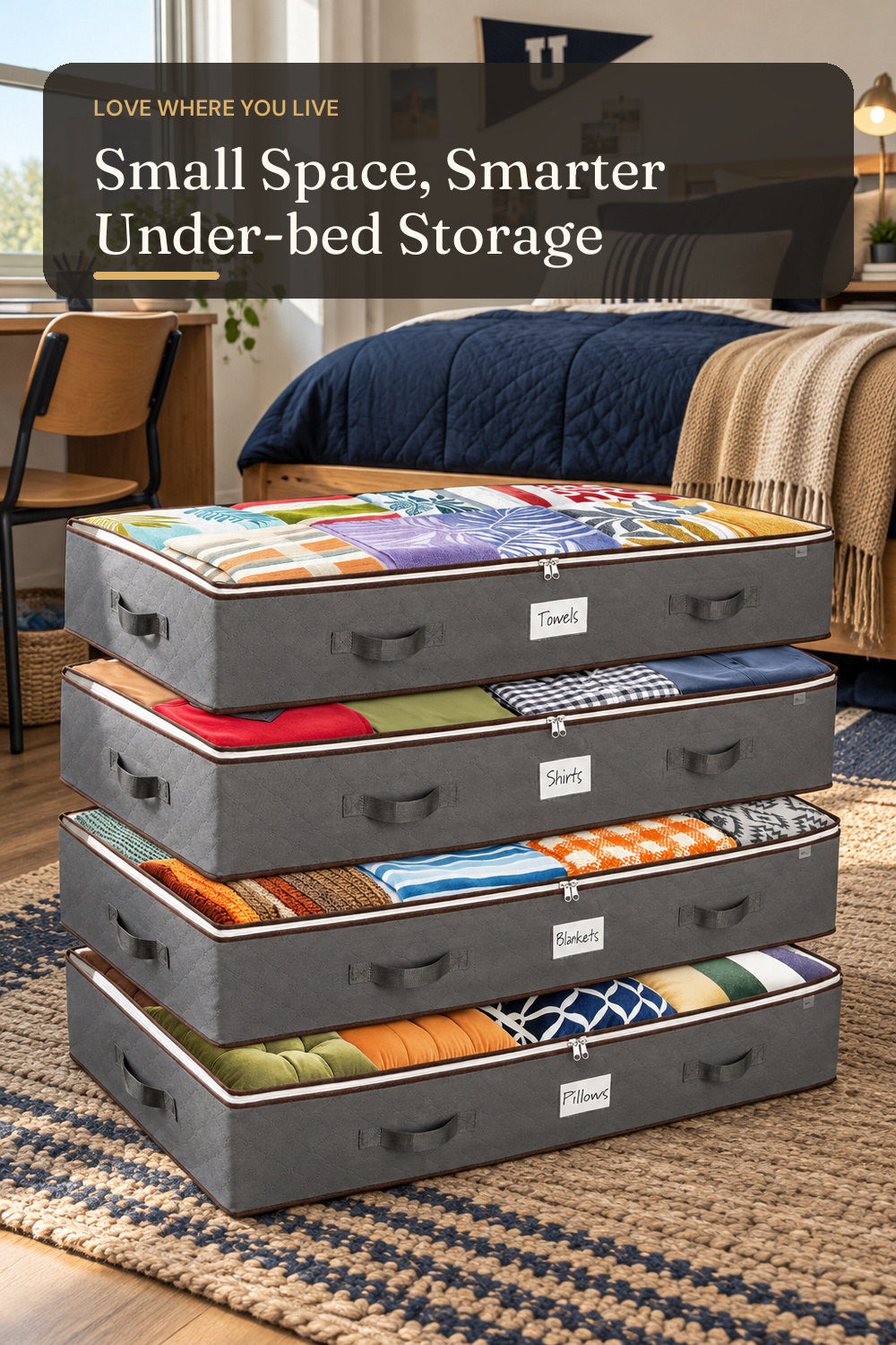 ZOBER Under Bed Storage Bags, Underbed Storage Containers, Gray, 90L 4-Pack; styling inspiration
