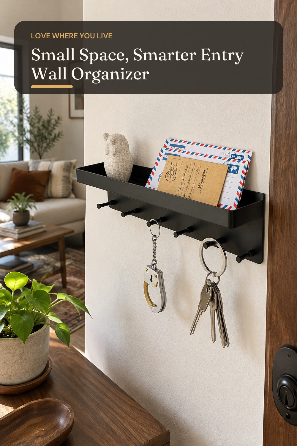 MKO Key Holder Wall Mount, Key Holder Wall Mount Adhesive with Mail Organizer Tray with 6 Key Hooks for Wall, Black; styling inspiration