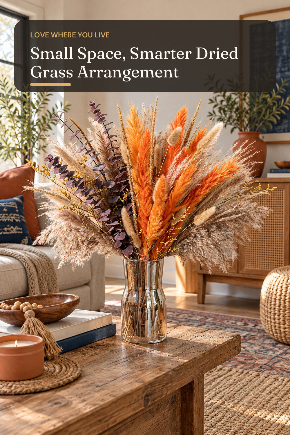 Boho Decor Pampas Grass and Eucalyptus Bouquet; styling inspiration