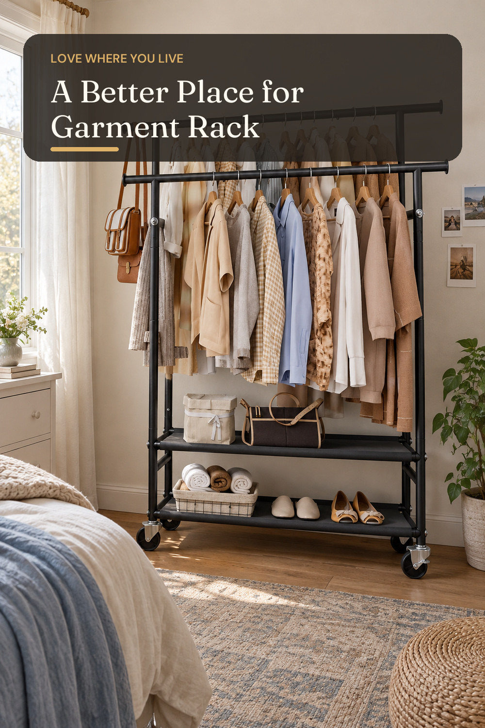HYSEYY Clothes Rack,Double Rods Rolling Clothing Rack for Hanging Clothes,Portable Garment Rack with 2-Tier Storage Shelves,Free Standing Wardrobe Closet Coat Rack on wheels for Bedroom,Laundry Room; styling inspiration