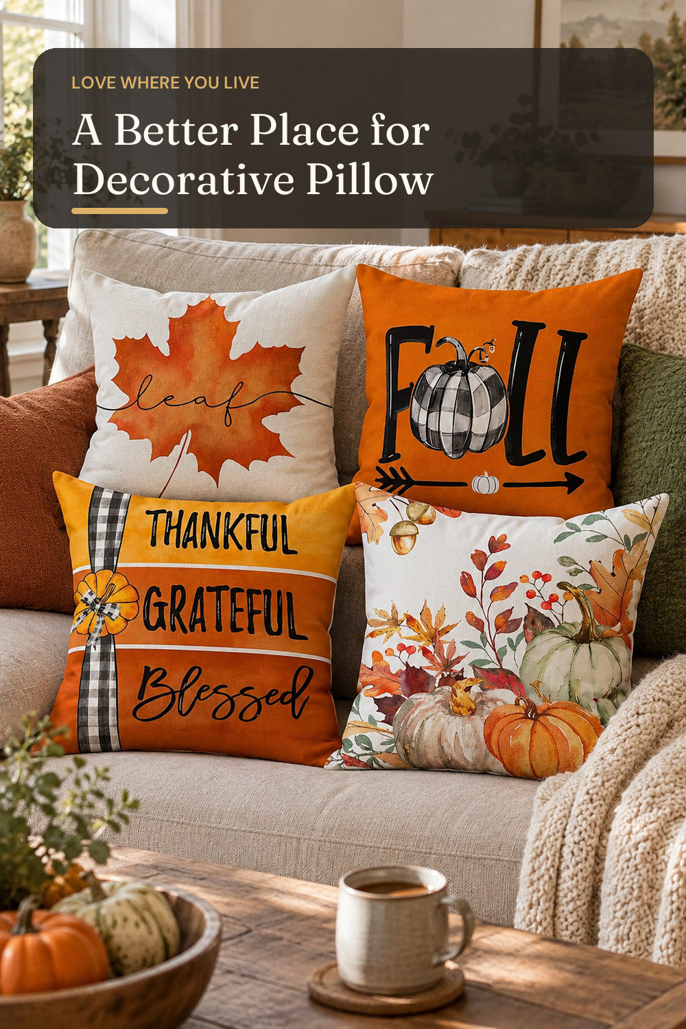 TOYPOPOR Fall Pillow Covers 18x18 4Pcs Double‑Sided Print Autumn Home Decor; styling inspiration