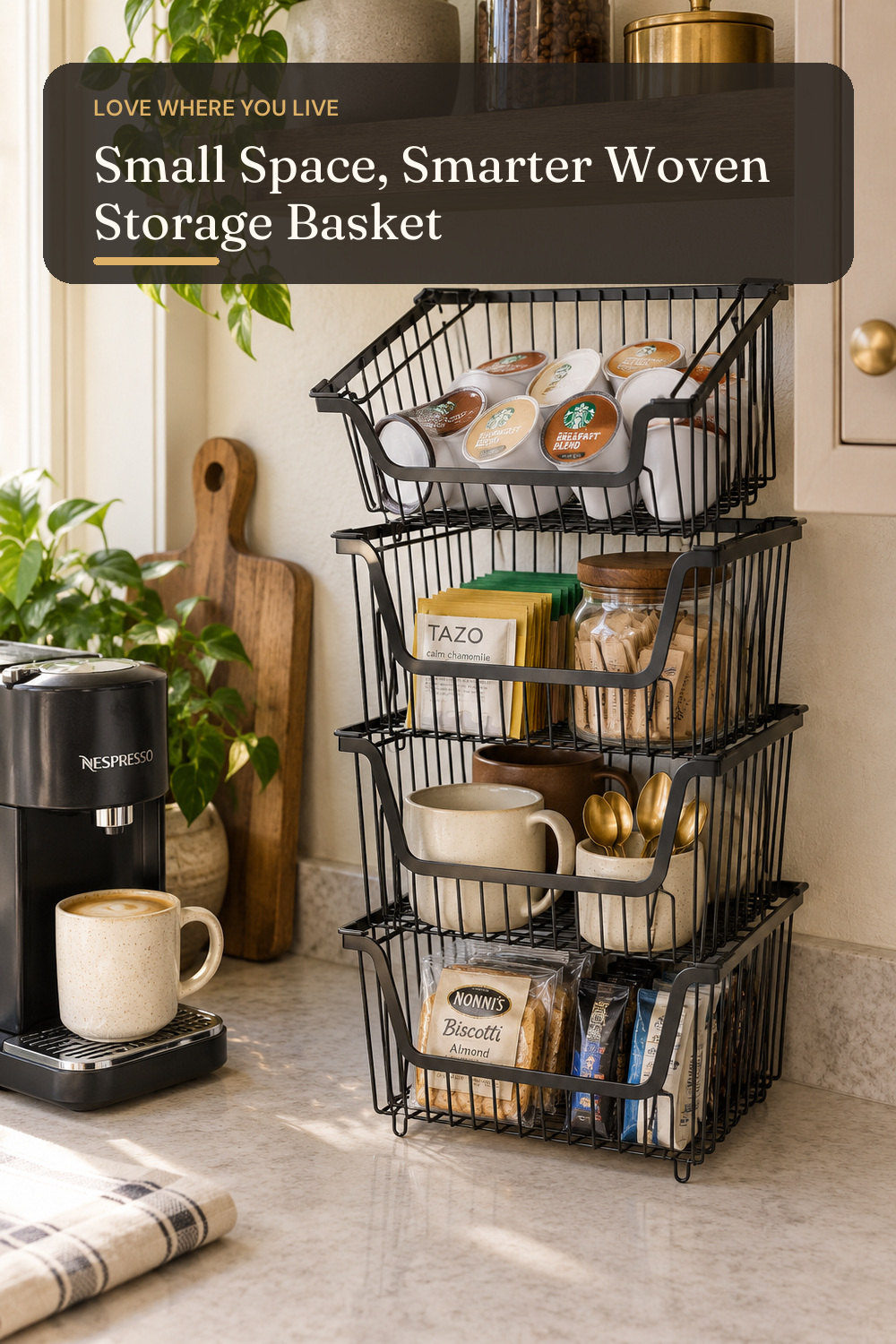 4 Pcs Stackable Wire Baskets Pantry Organizers and Storage Bins,Black; styling inspiration