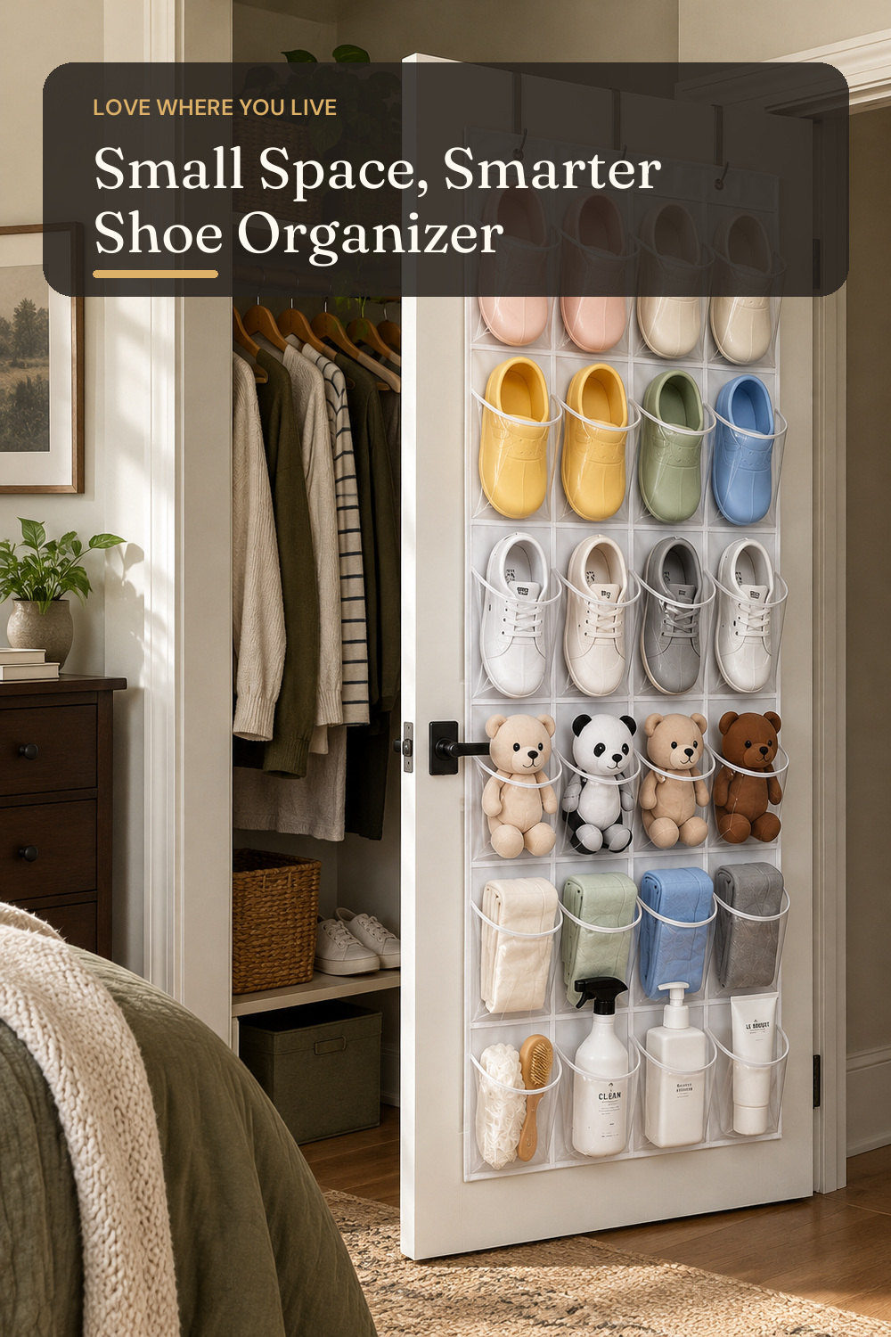 Over-the-Door Shoe Organizer with 24 Crystal Clear Pockets, White; styling inspiration
