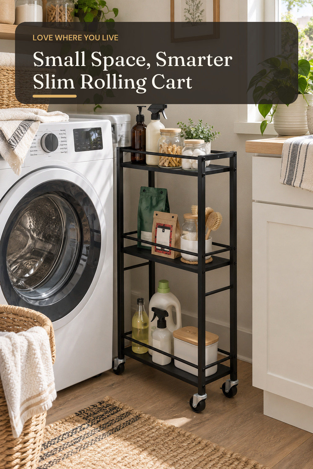 MAHANCRIS Slim Rolling Cart, Mobile Kitchen Cart on Wheels, Narrow Storage Cart for Small Space, Small Bar Cart, for Bathroom, Laundry, Living Room, Black RCHB1501; styling inspiration