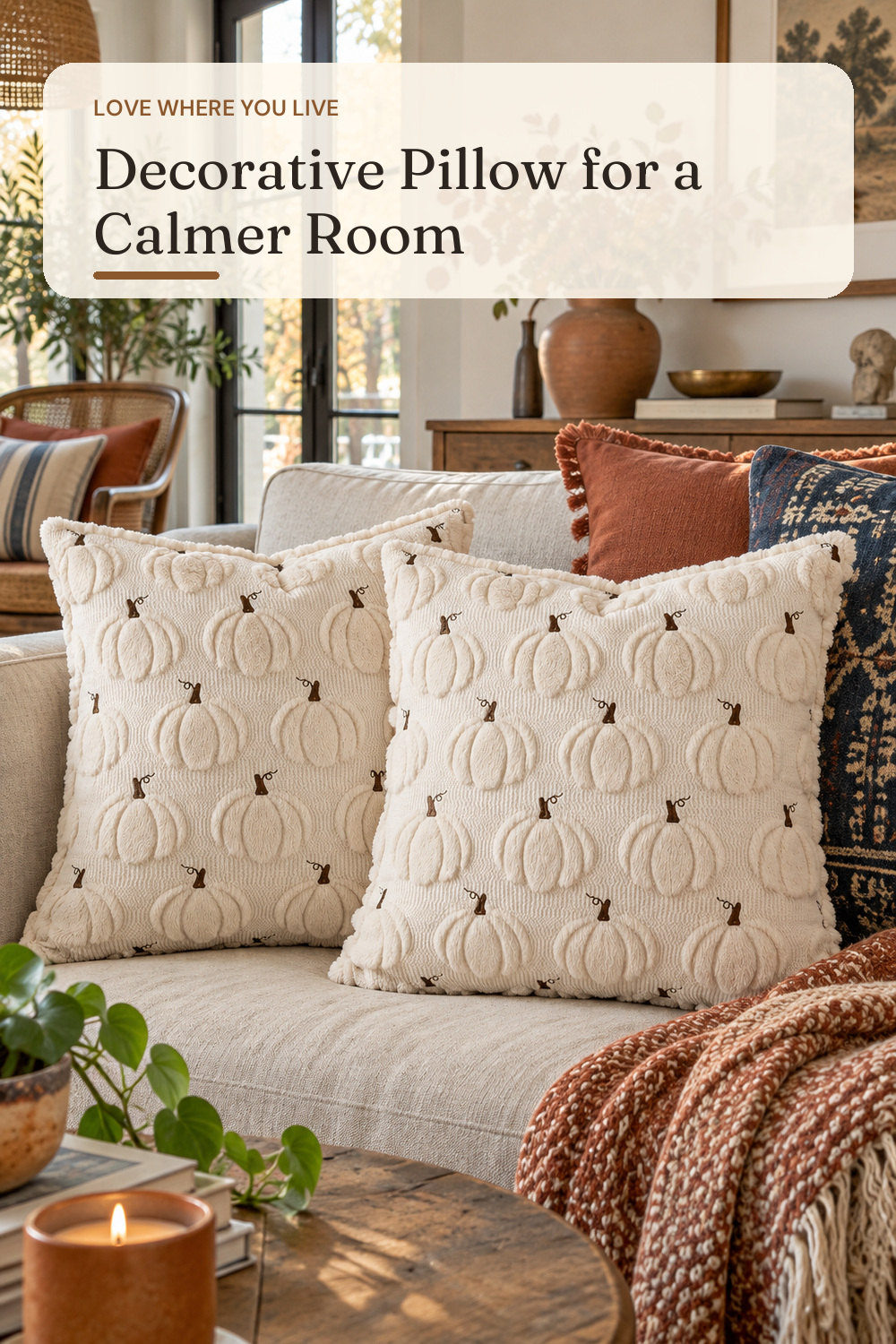 Fall Beige Pillow Covers 18x18 Set of 2 Double-Sided Pumpkin Plush; styling inspiration