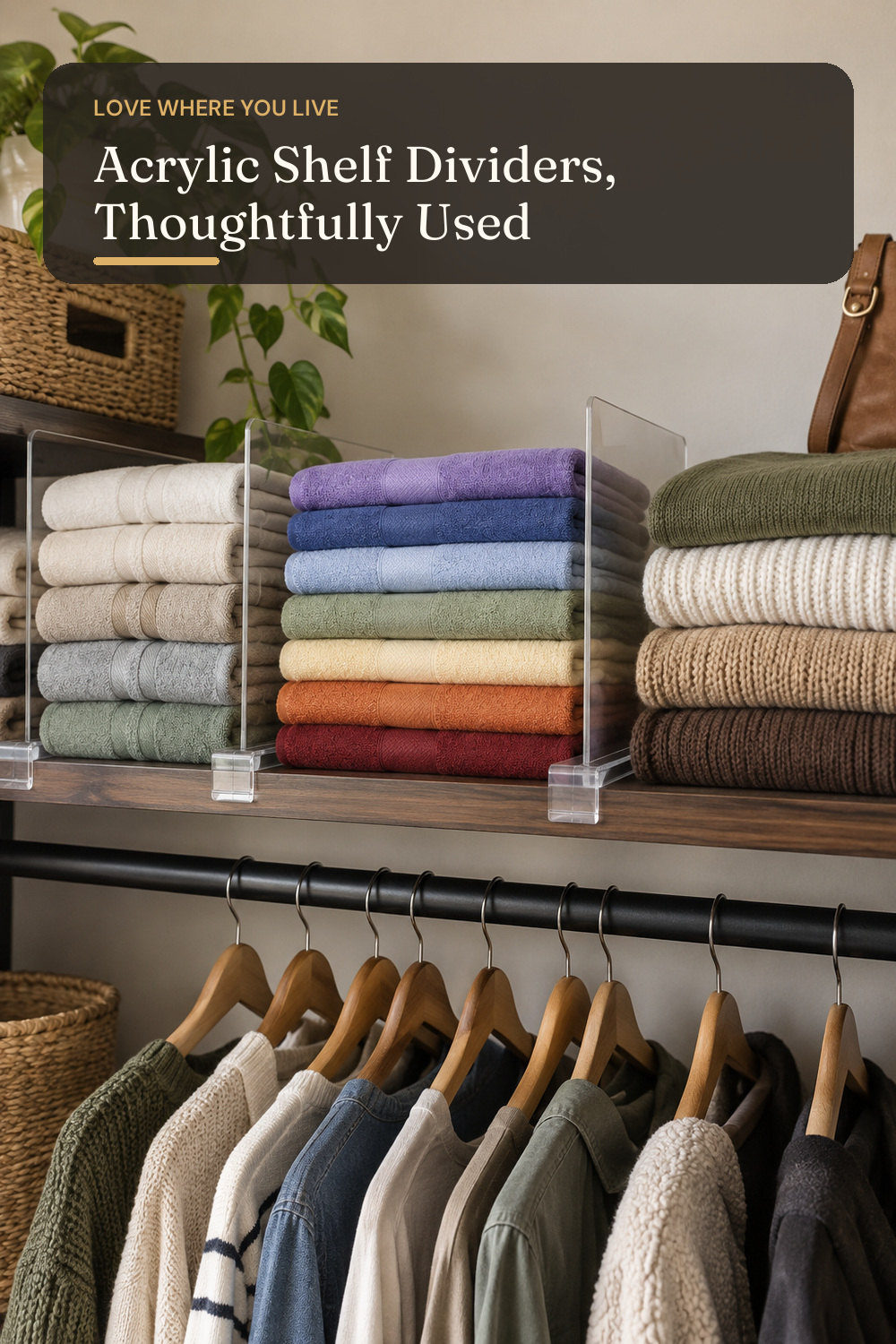 BAUMFEUER 12 Pack Clear Acrylic Shelf Dividers for Closet Shelf Organizer of Bedroom Kitchen Office Bathroom Organizer for Clothes Books Hats and Handbags; styling inspiration