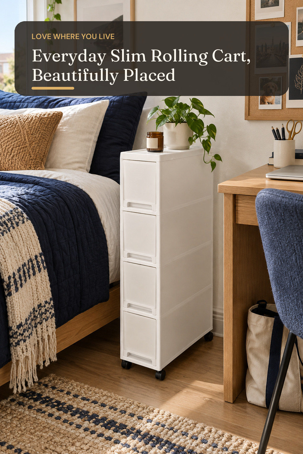 Narrow Slim Rolling Storage Cart and Organizer, 7.1 inches Kitchen Storage Cabinet Beside Fridge Small Plastic Rolling Shelf with Drawers for Bathroom; styling inspiration