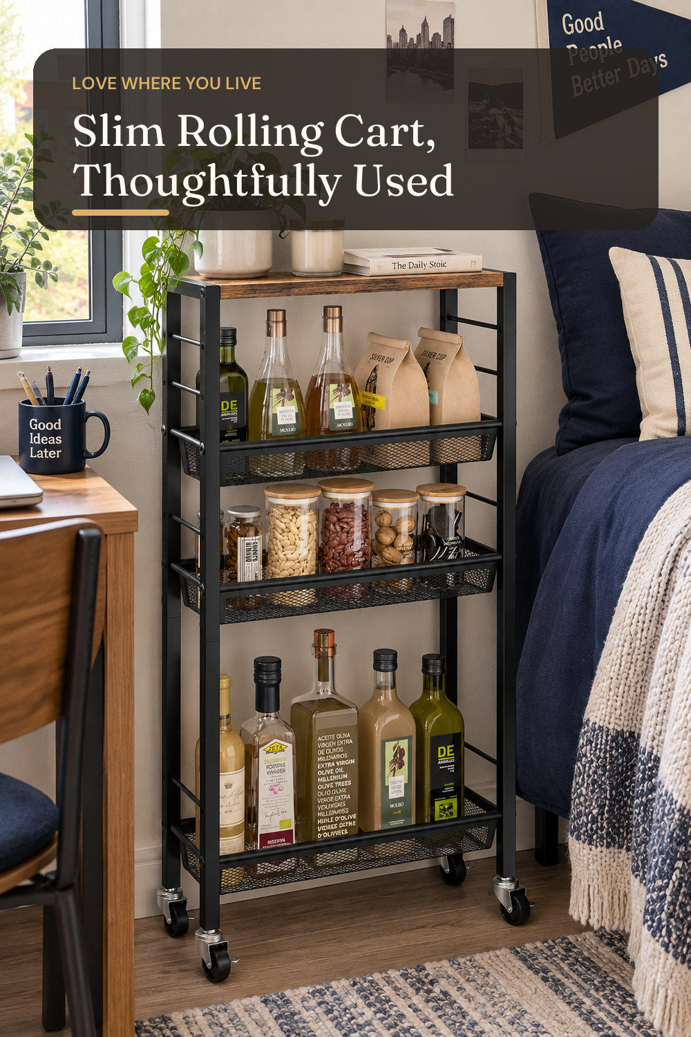 Slim Rolling Cart, 4-Tier Narrow Kitchen Storage Cart, Slim Utility Cart on Wheel, Skinny Bathroom storage cart with Wood Tabletop, 6.0" Deep, For Kitchen, Dining Room, Living Room, Laundry Room; styling inspiration