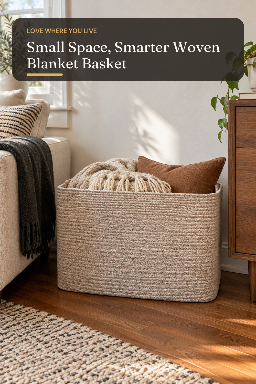 JMvicyroam 65L Large Woven Cotton Rope Blanket Basket, Oatmeal; styling inspiration