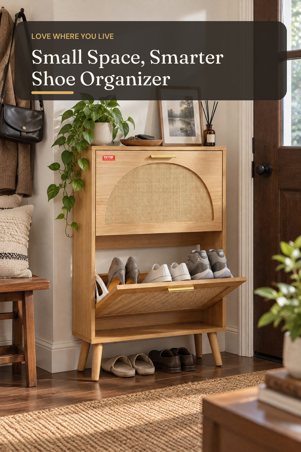 VEVOR Shoe Cabinet with 2 Flip Drawers, Shoe Storage Cabinet for Entryway, Free Standing Shoe Storage Organizer with Rattan Doors for Heels, Boots, Slippers in Hallway, Living Room; styling inspiration