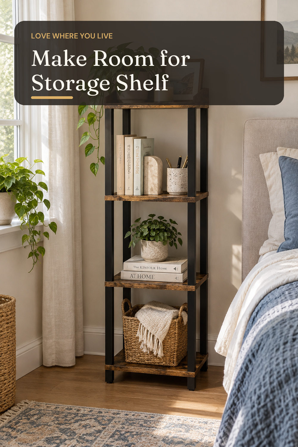 HOOBRO Small Bookcase, Industrial Style Bookshelf for Narrow Spaces, 4-Tier Square Book Shelf Stand, Wooden Storage Rack Display Shelf, Corner Shelf for Living Room, Rustic Brown and Black BF08CJ01; styling inspiration