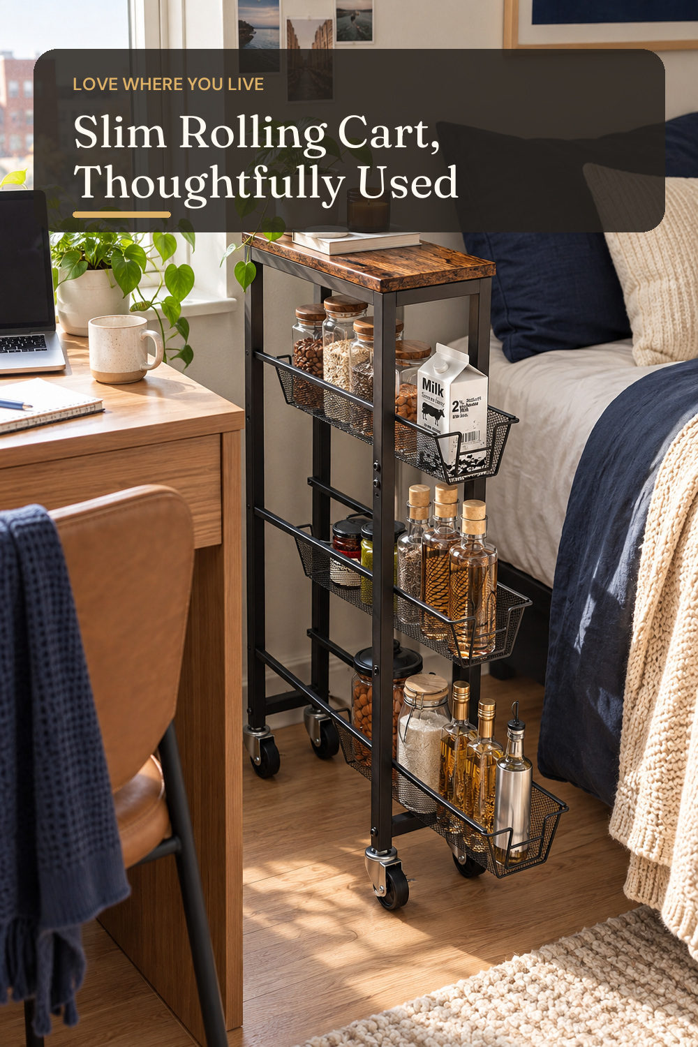 Honest Slim Storage Cart 4-Tier Slim Rolling Cart with Metal Frame and Wooden Top, 6.3 Inches, Storage Cart for Kitchen, Dining Room, Living Room, Bathroom, Home Office, Rustic Brown and Black; styling inspiration