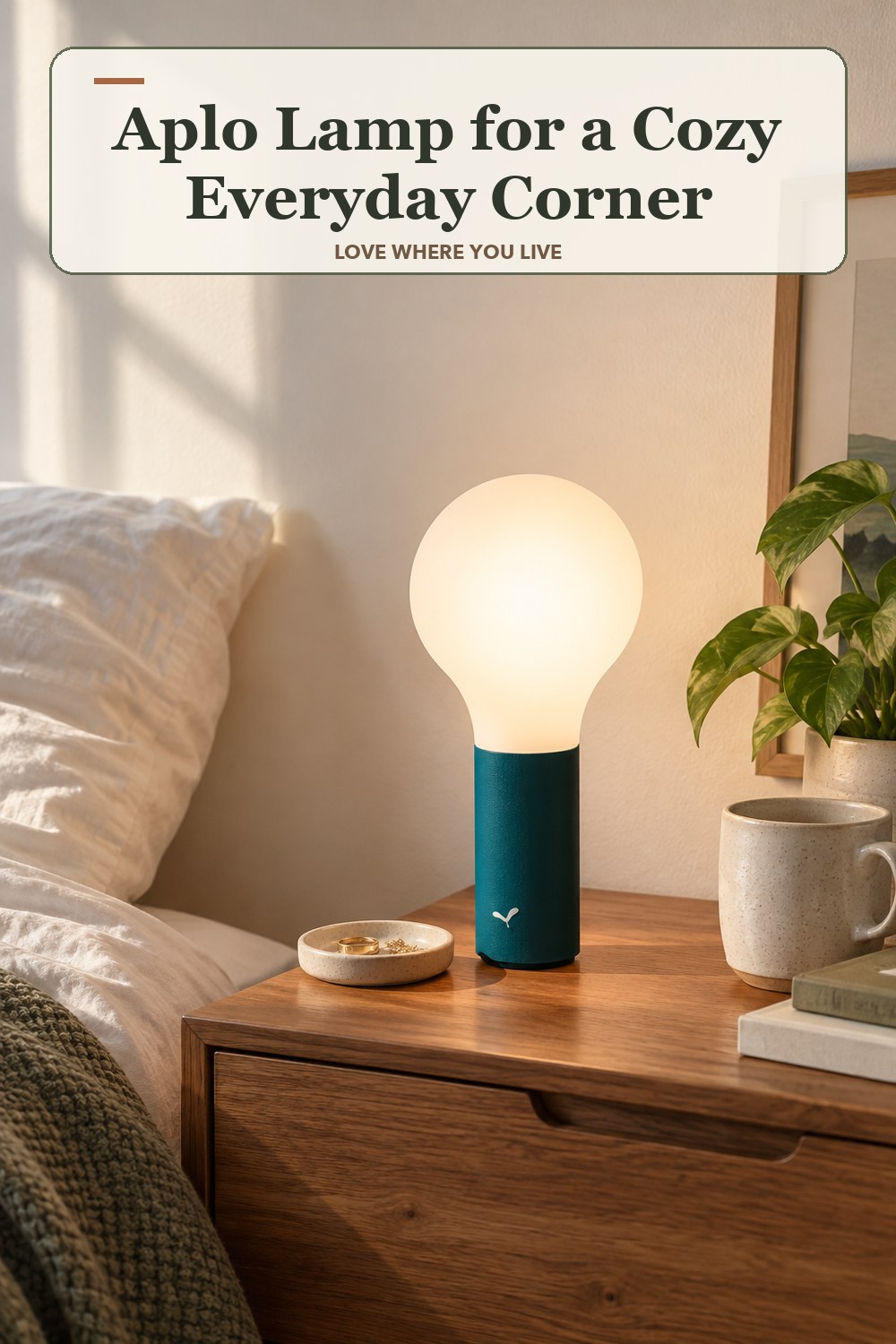 Warm natural-light apartment scene featuring the exact Aplo Lamp in Acapulco Blue (Textured) Lamp Only, with the headline: Aplo Lamp for a Cozy Everyday Corner.