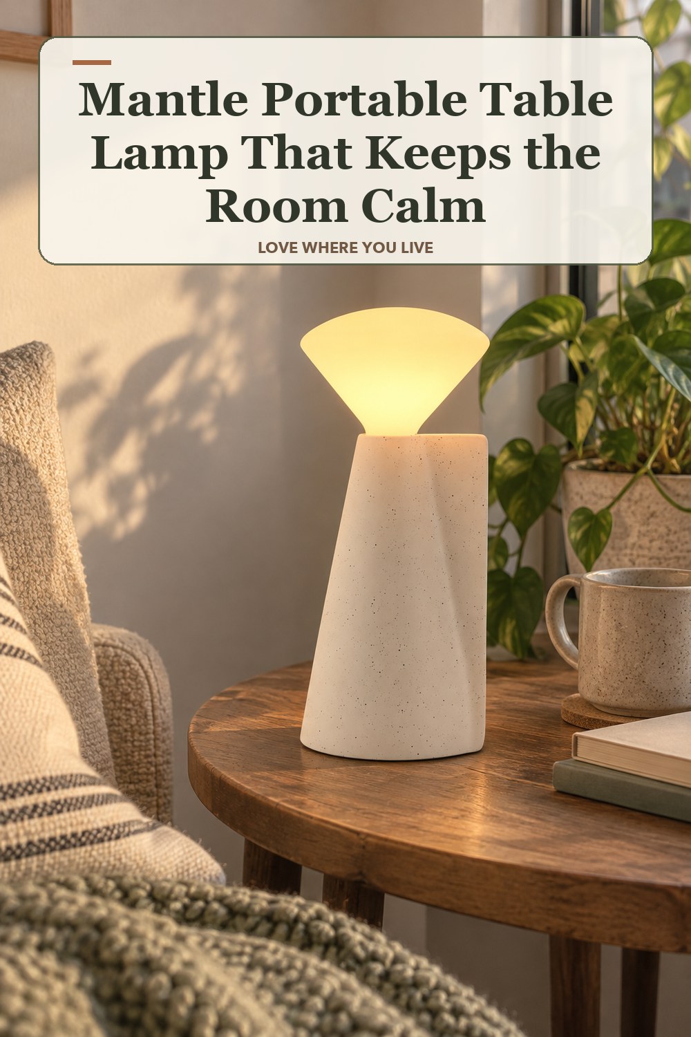 Warm natural-light apartment scene featuring the exact Mantle Portable Table Lamp in Stone White, with the headline: Mantle Portable Table Lamp That Keeps the Room Calm.