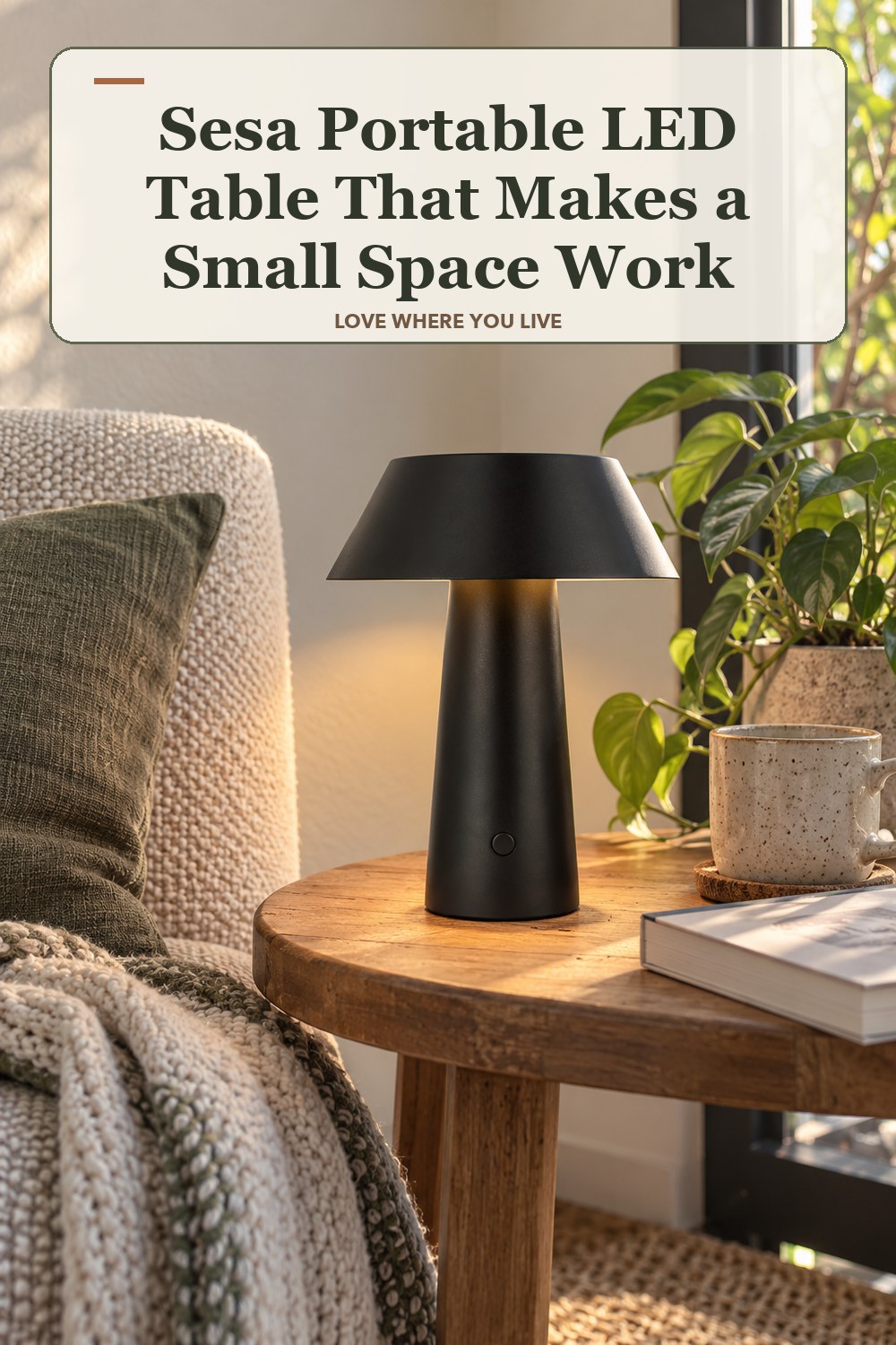 Warm natural-light apartment scene featuring the exact Sesa Portable LED Table Lamp in Black Small: 7.7 in height, with the headline: Sesa Portable LED Table That Makes a Small Space Work.