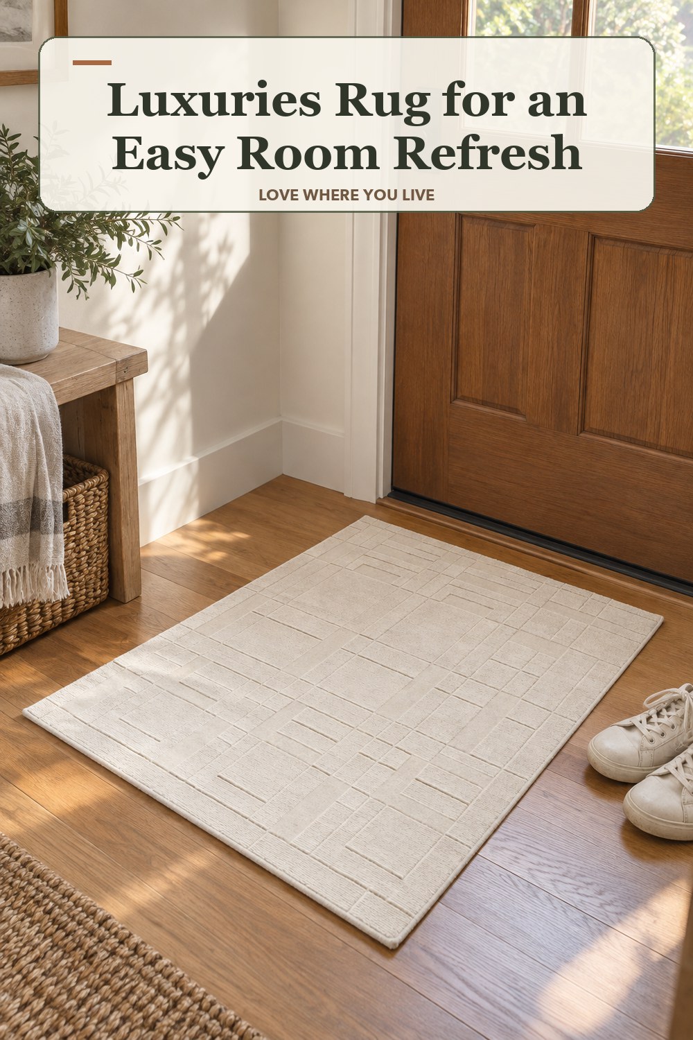 Warm natural-light apartment scene featuring the exact Luxuries Rug in Light Silver 2 ft x 3 ft, with the headline: Luxuries Rug for an Easy Room Refresh.