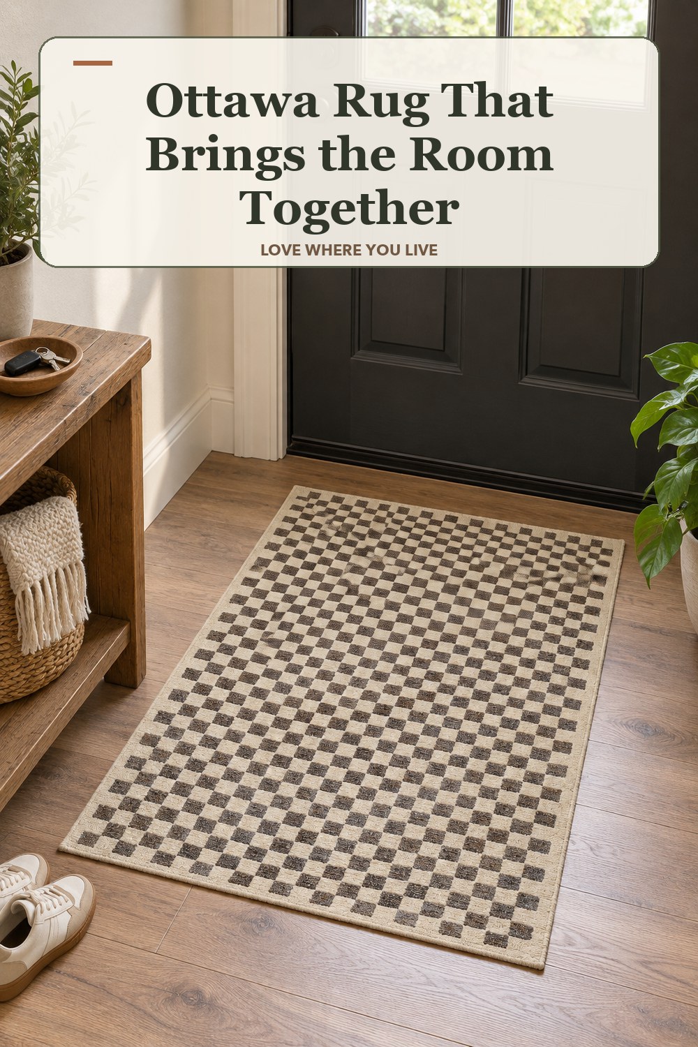 Warm natural-light apartment scene featuring the exact Ottawa Rug in Beige Dark Brown Charcoal Medium Gray 2 ft x 3 ft, with the headline: Ottawa Rug That Brings the Room Together.