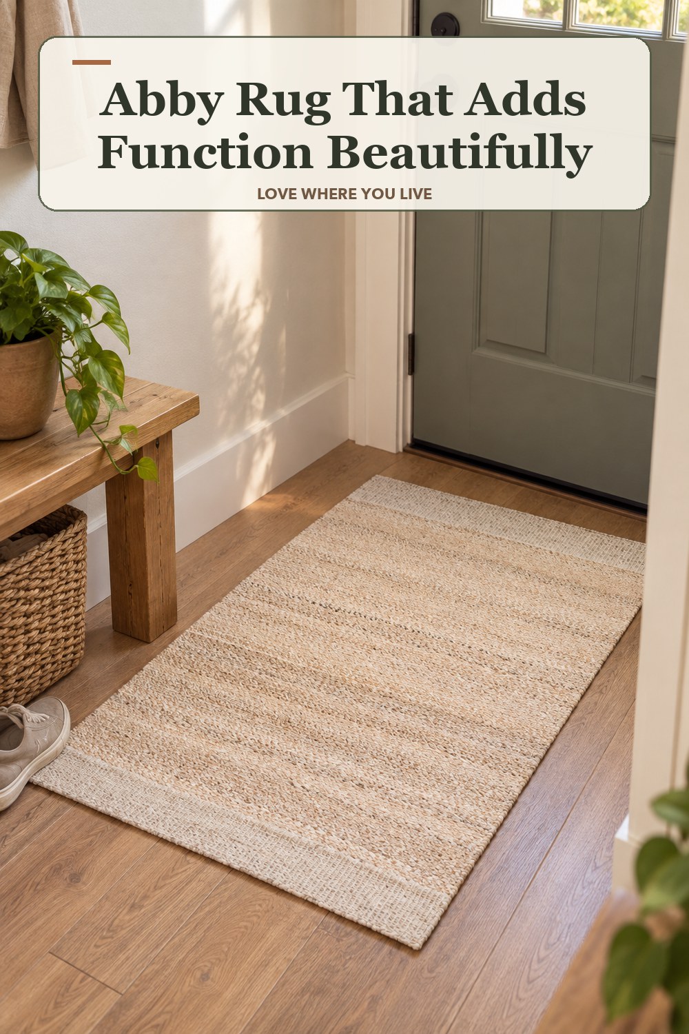 Warm natural-light apartment scene featuring the exact Abby Rug in 2 ft x 3 ft, with the headline: Abby Rug That Adds Function Beautifully.