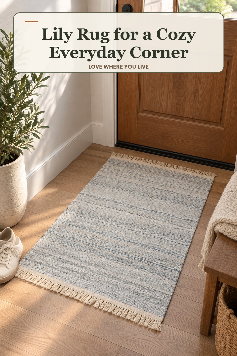 Warm natural-light apartment scene featuring the exact Lily Rug in Beige Ice Blue Pale Blue Light Blue 2 ft x 3 ft, with the headline: Lily Rug for a Cozy Everyday Corner.