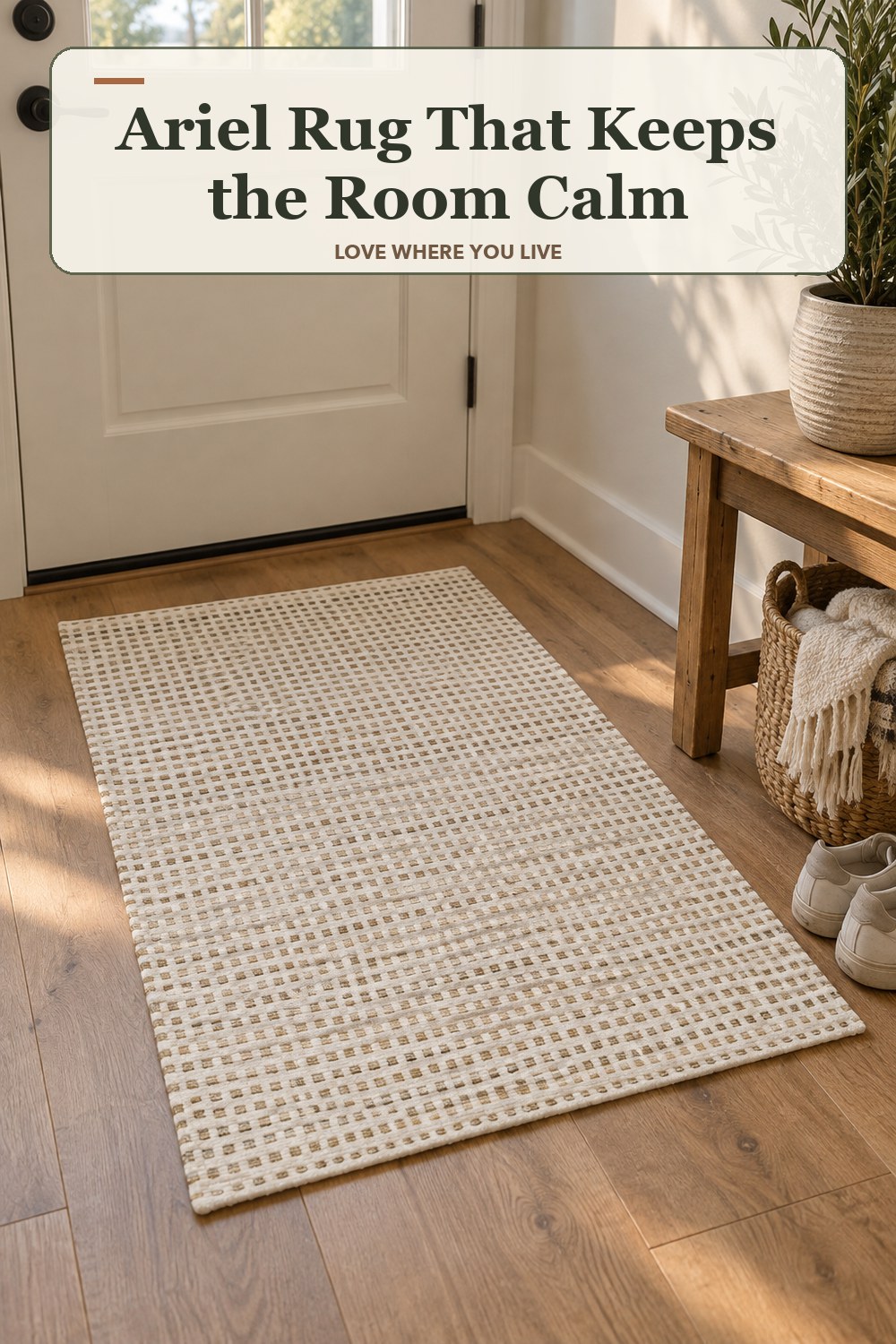 Warm natural-light apartment scene featuring the exact Ariel Rug in 2 ft x 3 ft, with the headline: Ariel Rug That Keeps the Room Calm.