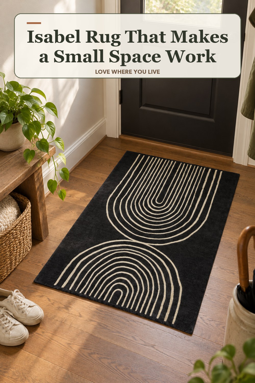 Warm natural-light apartment scene featuring the exact Isabel Rug in 2 ft x 3 ft, with the headline: Isabel Rug That Makes a Small Space Work.