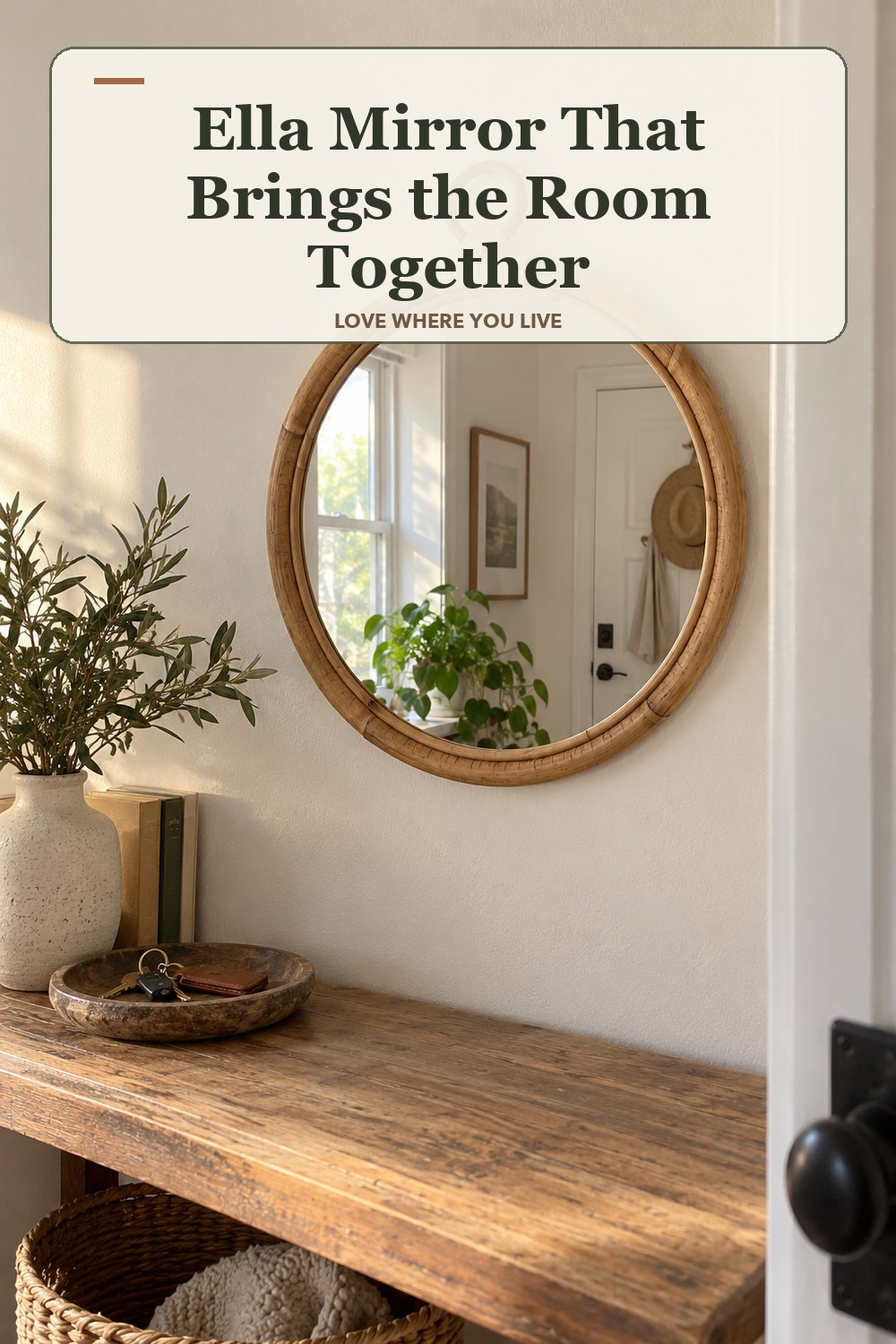 Warm natural-light apartment scene featuring the exact Ella Mirror in Medium: 18 in diameter, with the headline: Ella Mirror That Brings the Room Together.